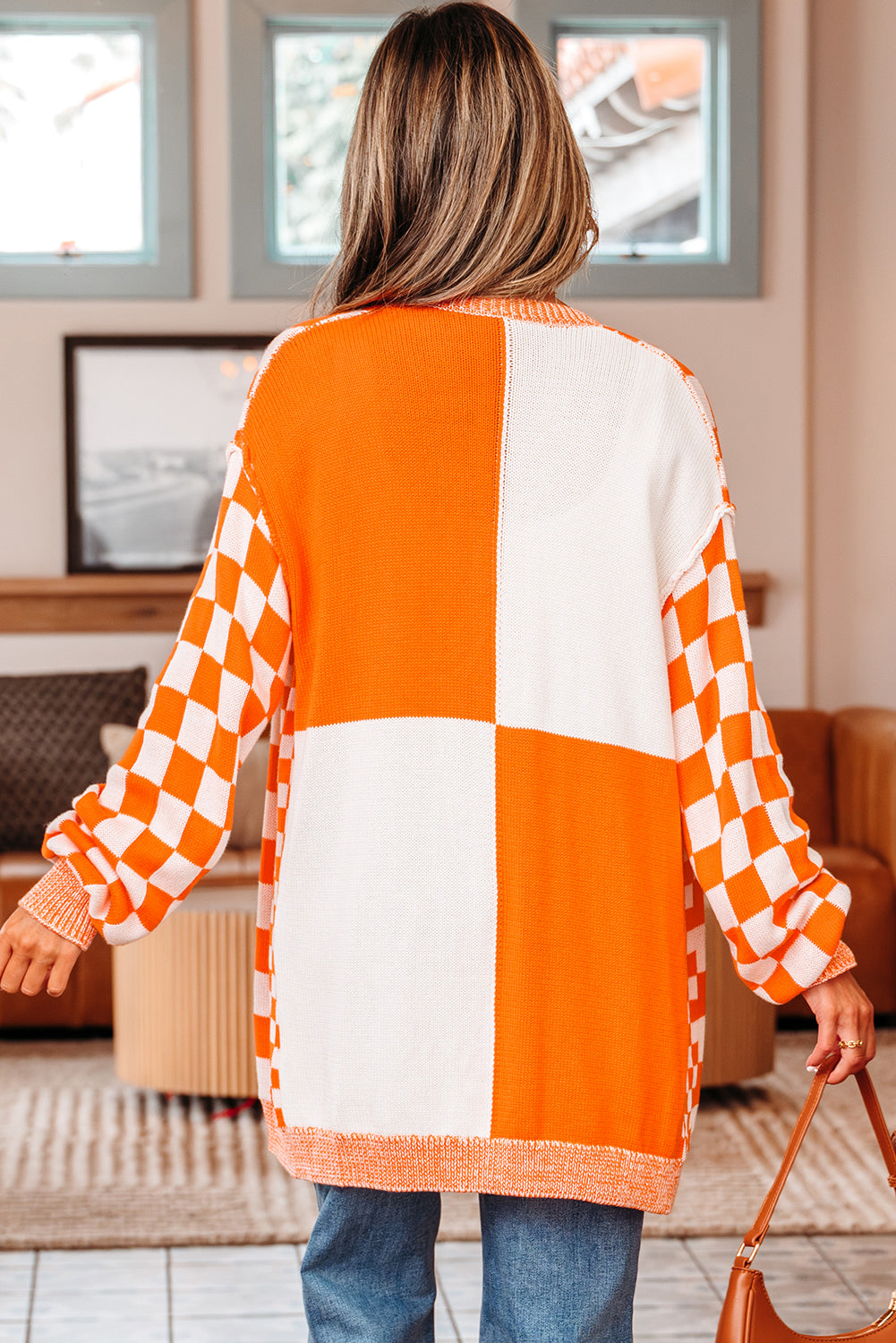 Orange Checkered Open Front Drop Shoulder Cardigan eAura