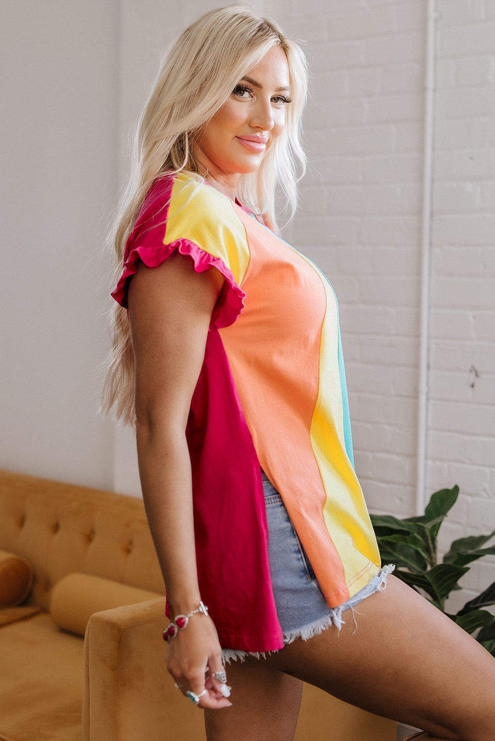 Rose Red Colour Block Ruffled Crew Neck Loose Fit T Shirt eAura