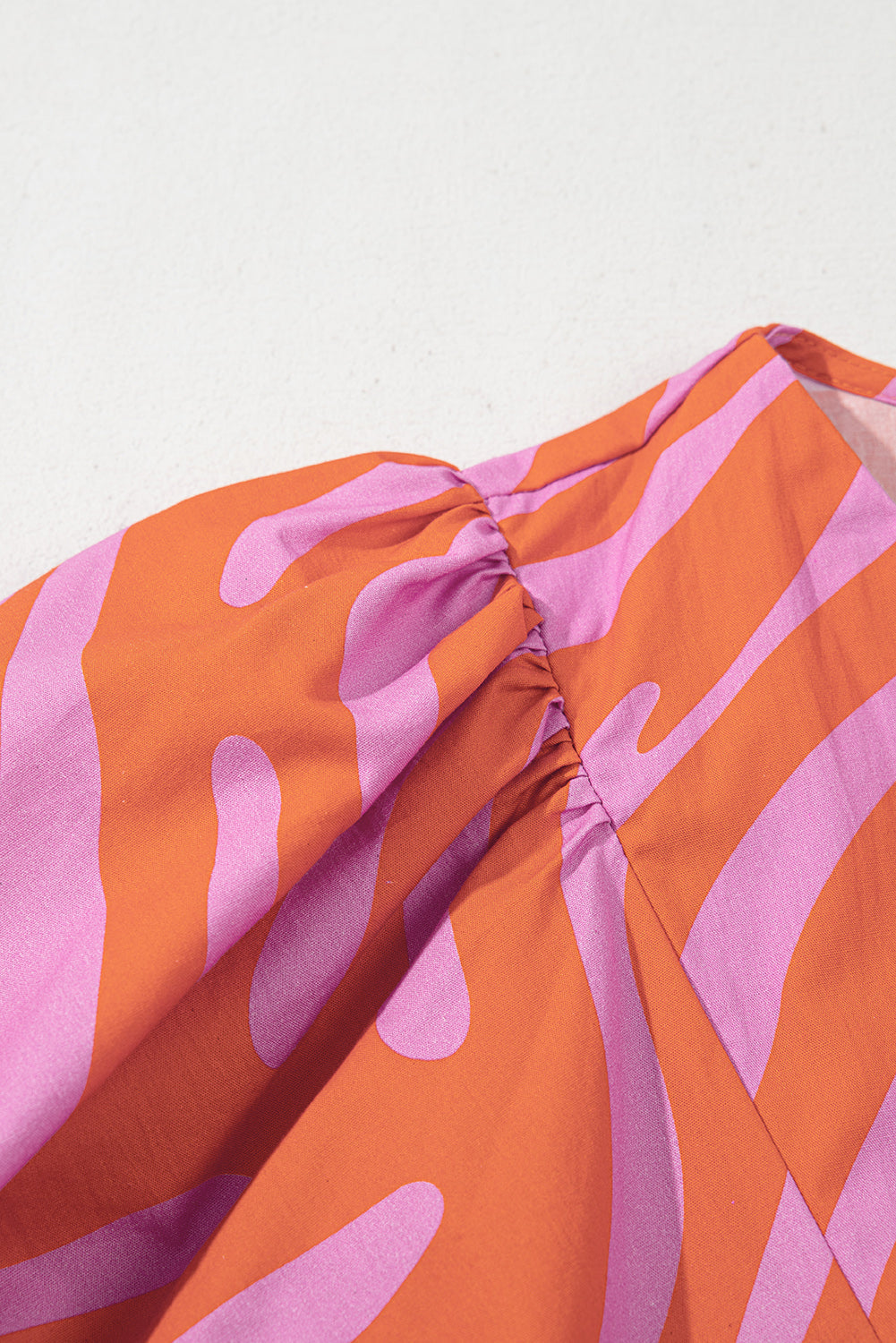 Orange Zebra Stripe Print Ruched Cuff Half Sleeve V Neck Blouse eAura