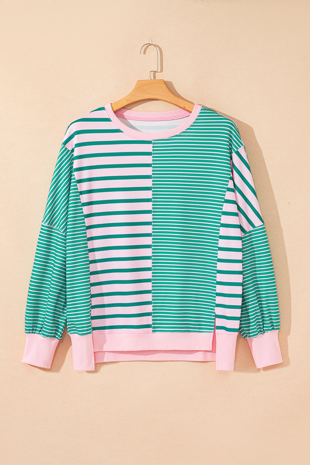 Green Stripe Patchwork Side Slit Oversized Sweatshirt - eAura