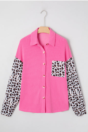 Leopard Patched Twisted Ribbed Western Casual Shacket - Outerwear/Jackets