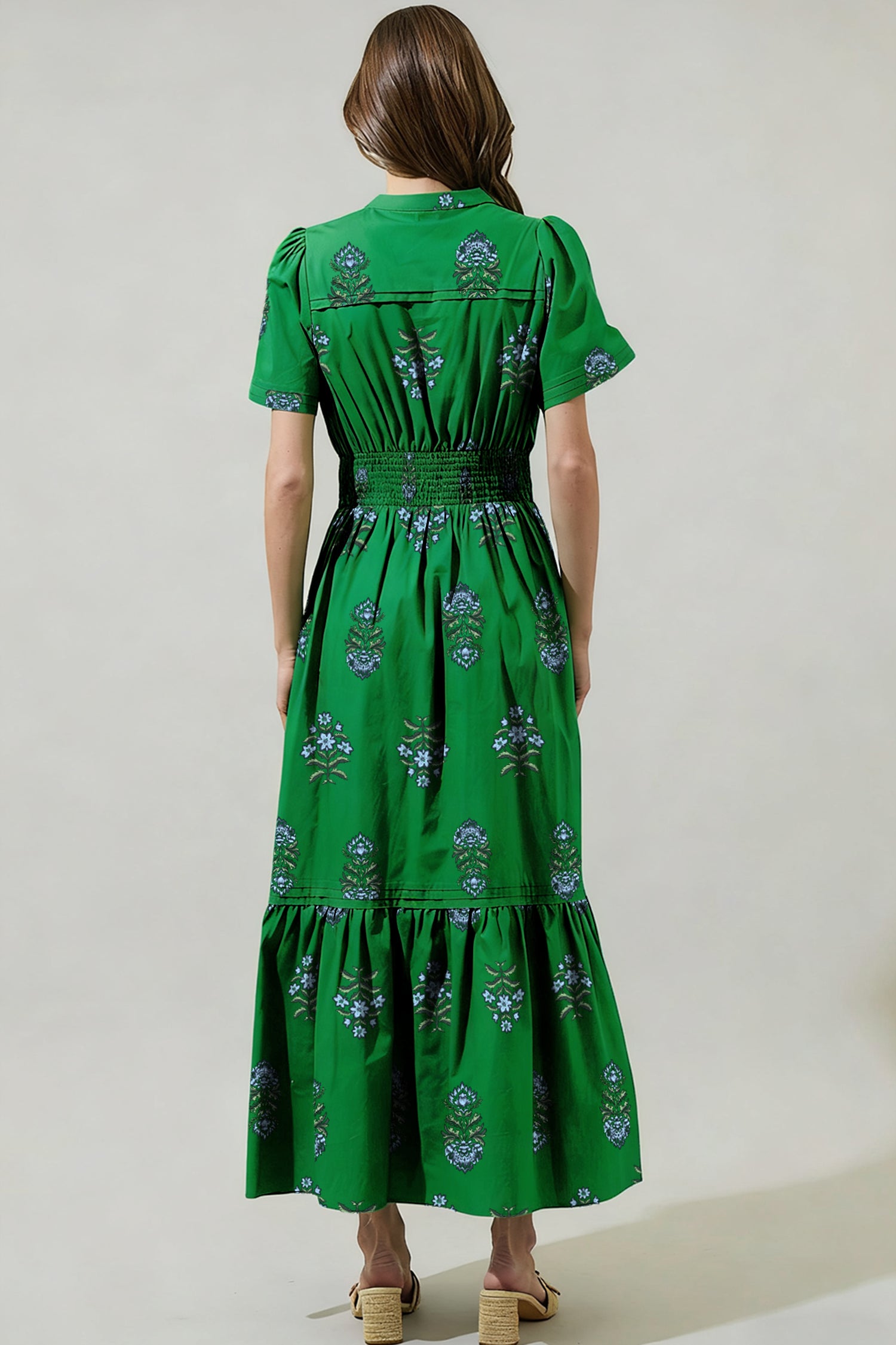 Floral Print Split Neck Shirred Ruffle Hem Maxi Dress