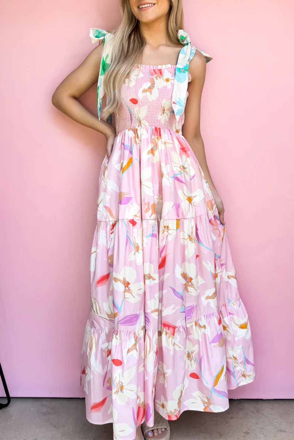 Pink Floral Print Knotted Shoulder Smocked Maxi Dress eAura