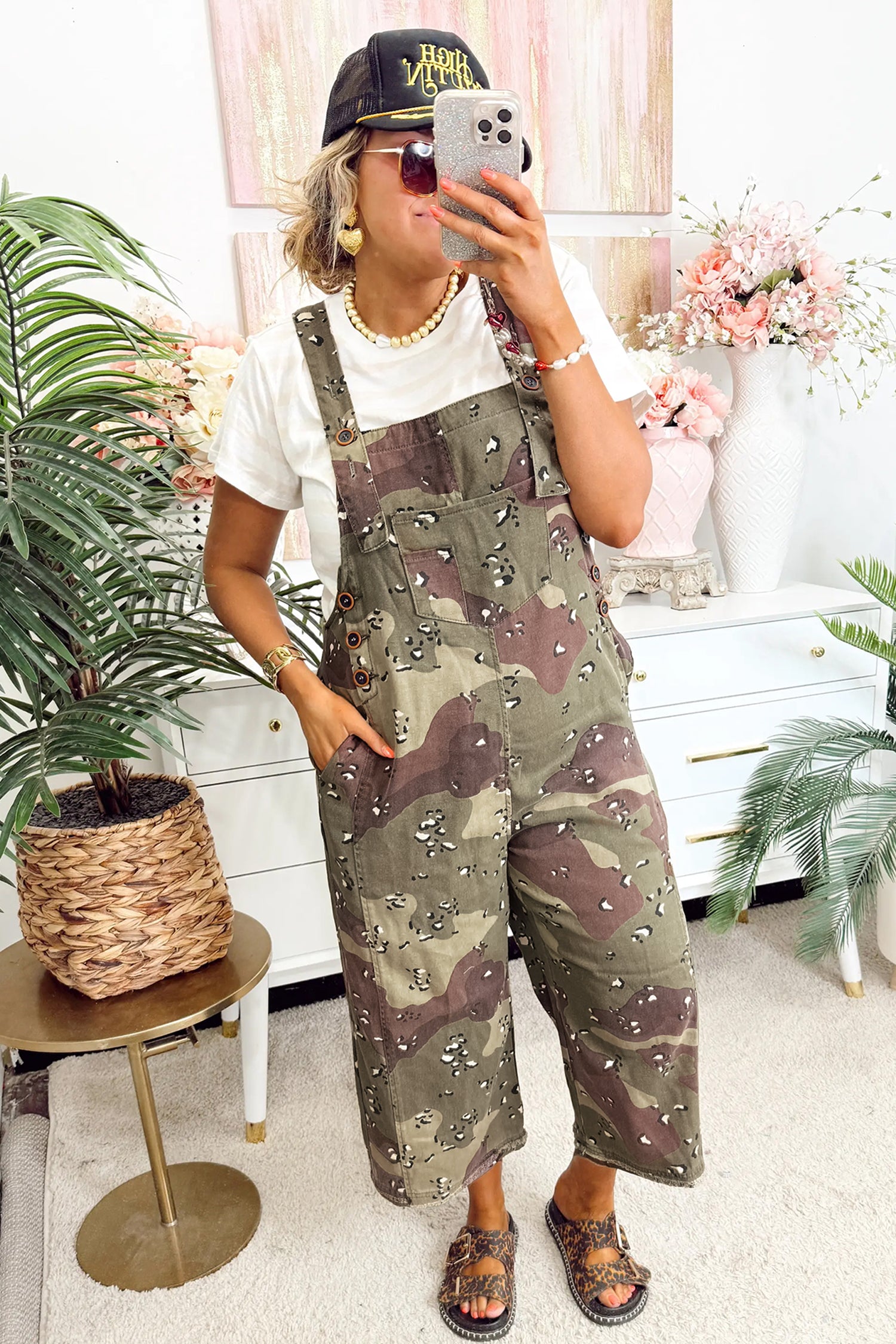 Camouflage Print Leopard Detail Loose Denim Overall Cropped Jumpsuit – Green