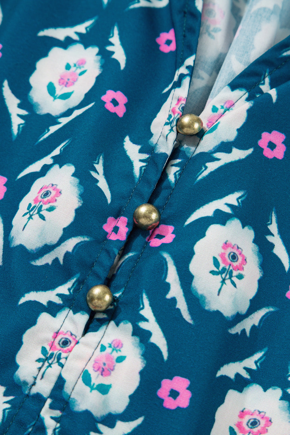 Blue Retro Floral Print Split Neck Ruffle Short Sleeve Dress eAura