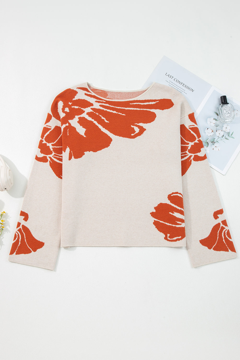 Bold Flower Pattern Wide Sleeve Overside Sweater eAura