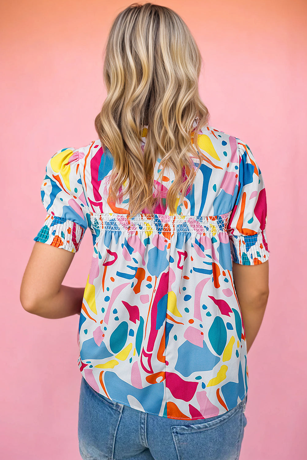 Multicolour Abstract Print Lace Detail Shirred Short Sleeve Split Neck Blouse eAura