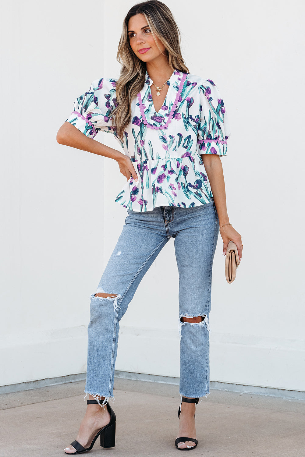 Purple Floral Ricrac Trim Half Sleeve Peplum Top eAura