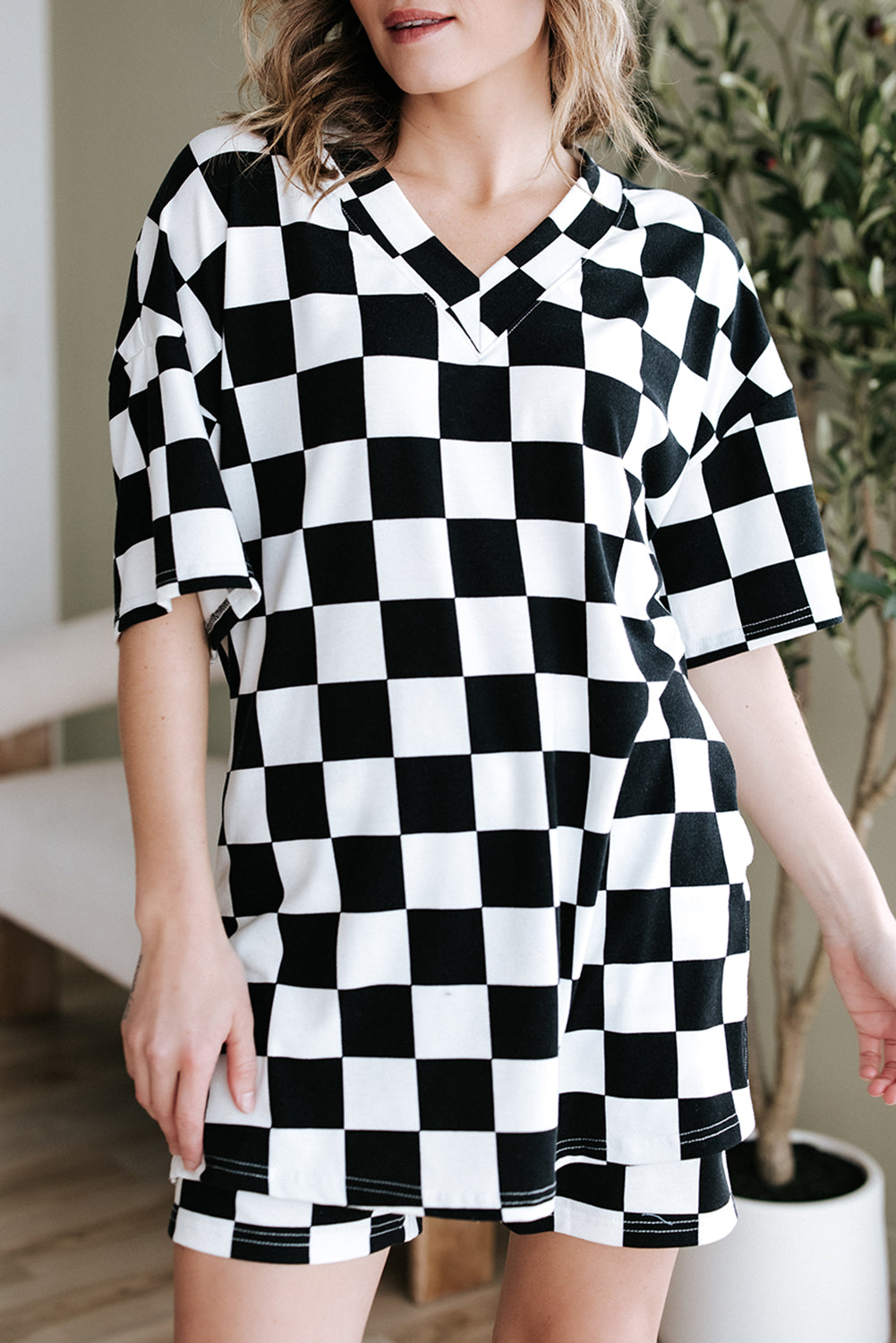 Checkerboard Print V Neck Loose Tee and Shorts Lounge Set eAura