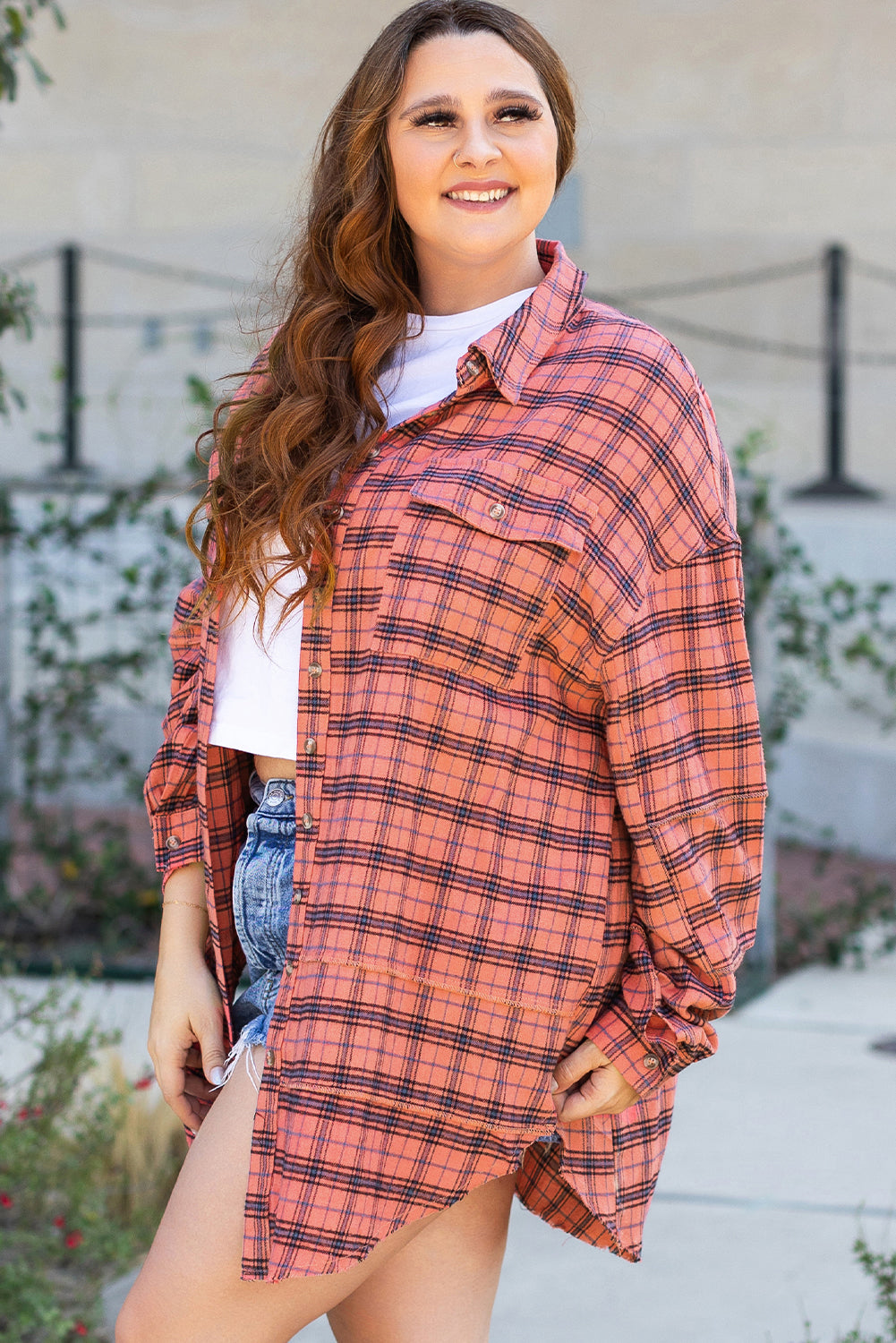 Red Plaid Long Sleeeve Side Split Distressed Hem Shirt eAura