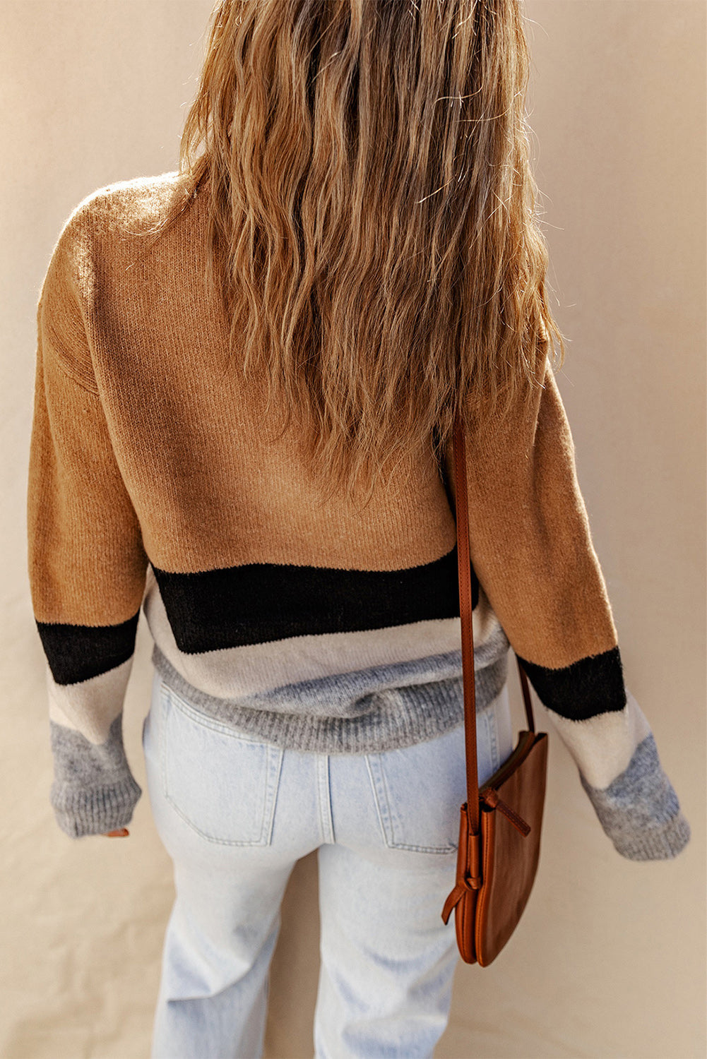 Brown Colour Block Striped Ribbed Knit Sweater eAura