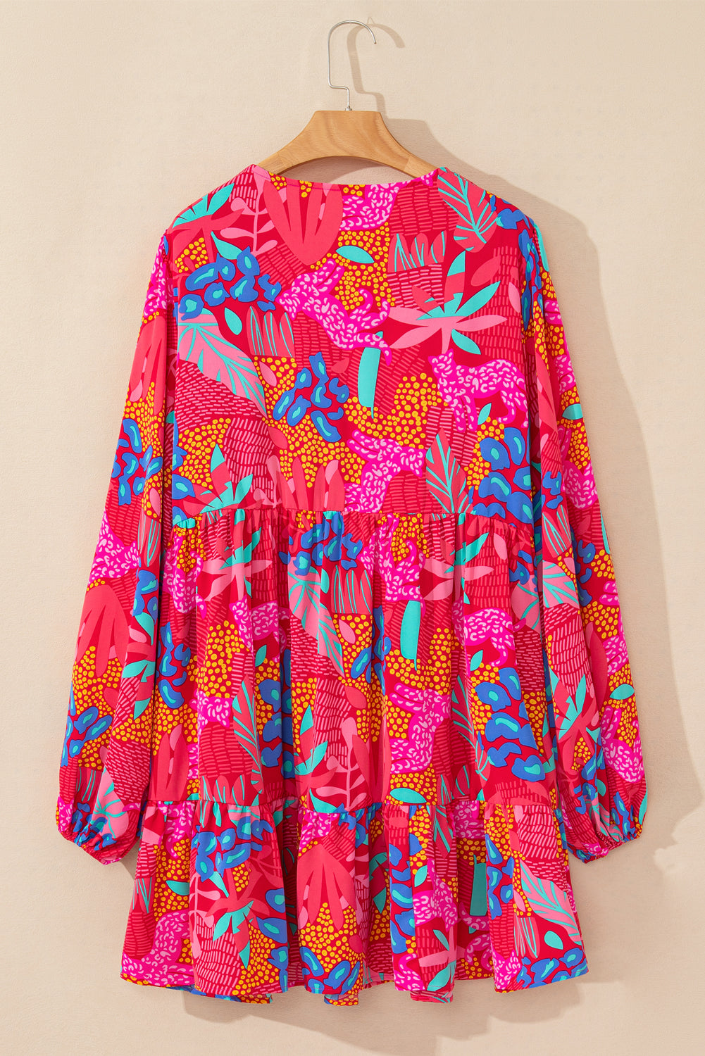 Rose Tropical Printed Lantern Sleeve V Neck Ruffled Plus Size Mini Dress Beagle Boutique Fashion Outlet