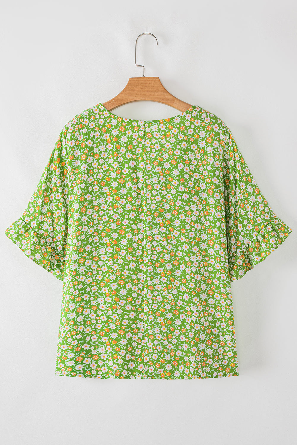 Green Floral Print Ruffle Sleeve V Neck Blouse Top eAura