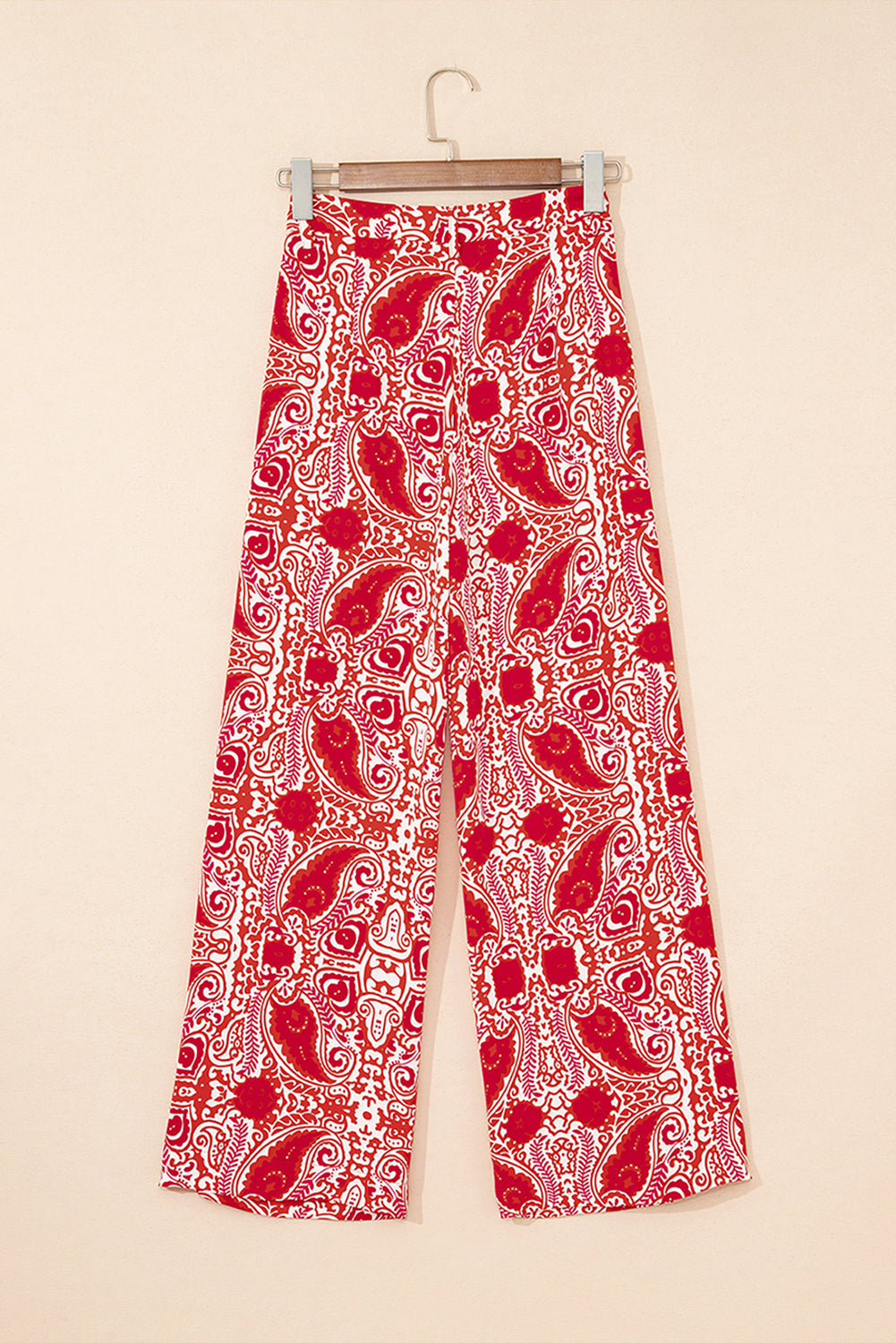 Red Paisley Printed Buttoned High Waist Straight Leg Trousers eAura