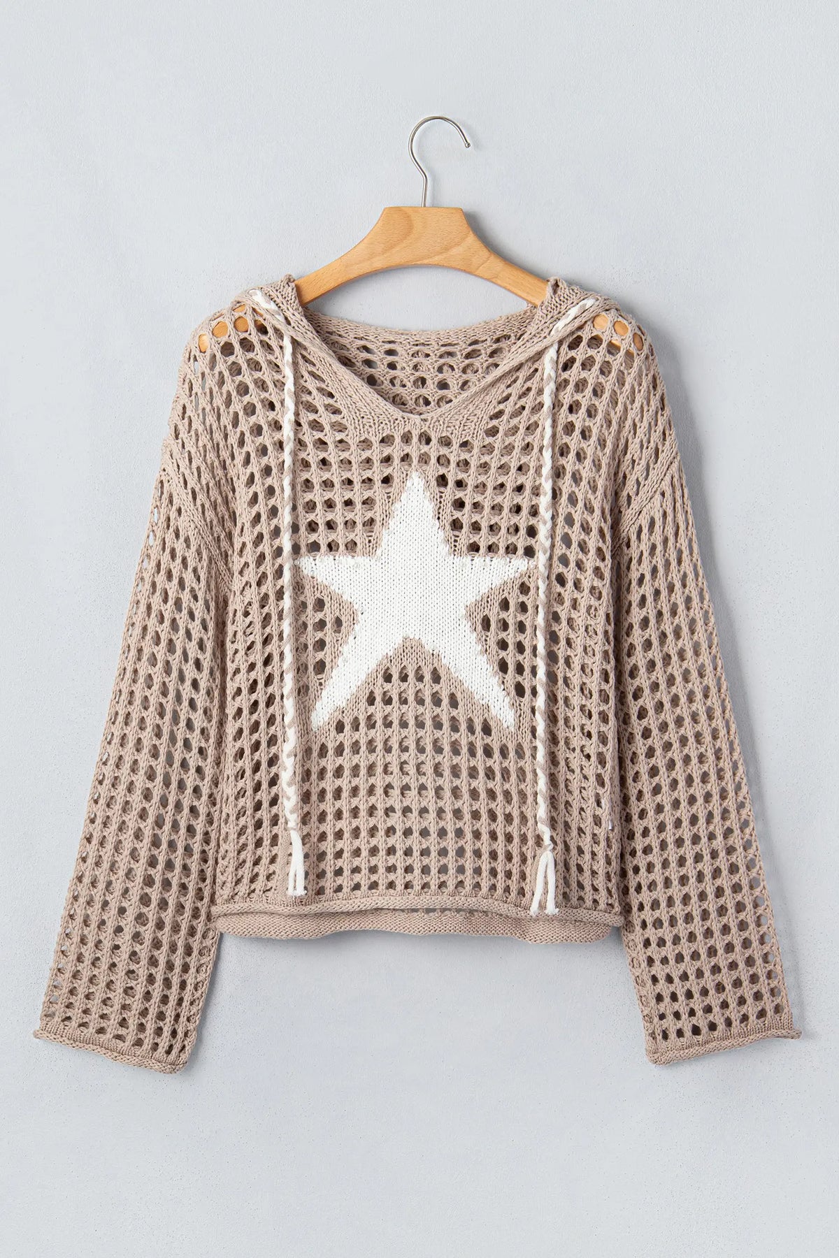 Star Pattern Crochet Hooded Drawstring Sweater – Sage Green