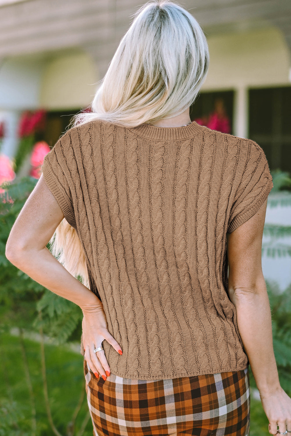 Black Crew Neck Cable Knit Short Sleeve Sweater eAura