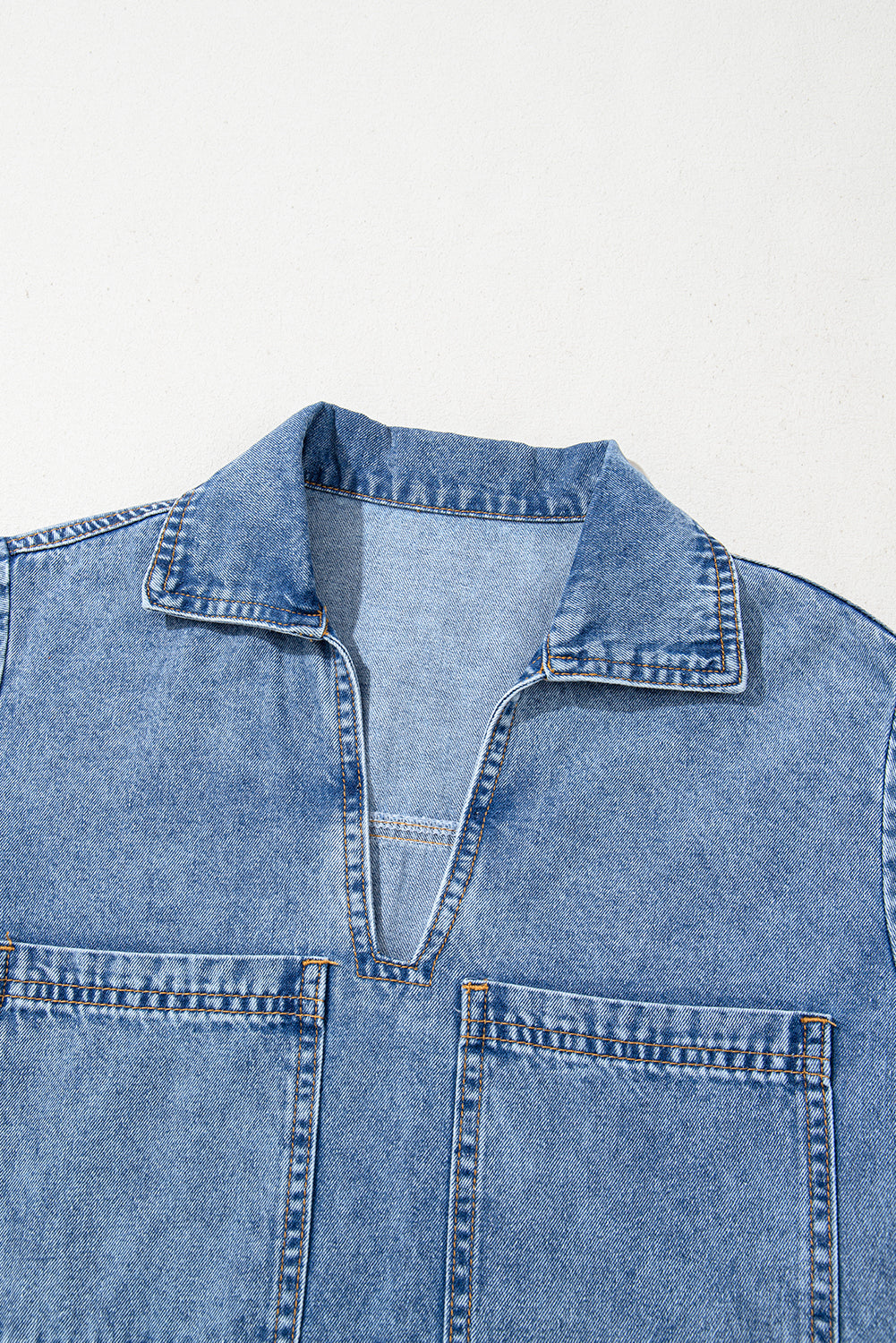 Beau Blue Short Sleeve Collared Patched Pocket Denim Mini Dress BB Fashion Outlet