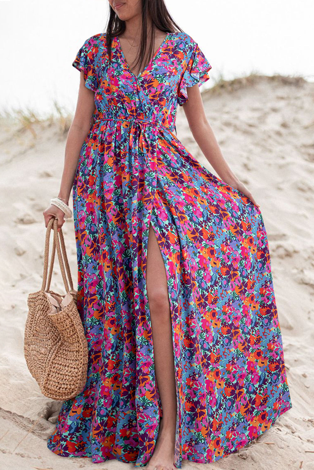 Blue Floral Print V Neck Wrap Split Maxi Dress eAura