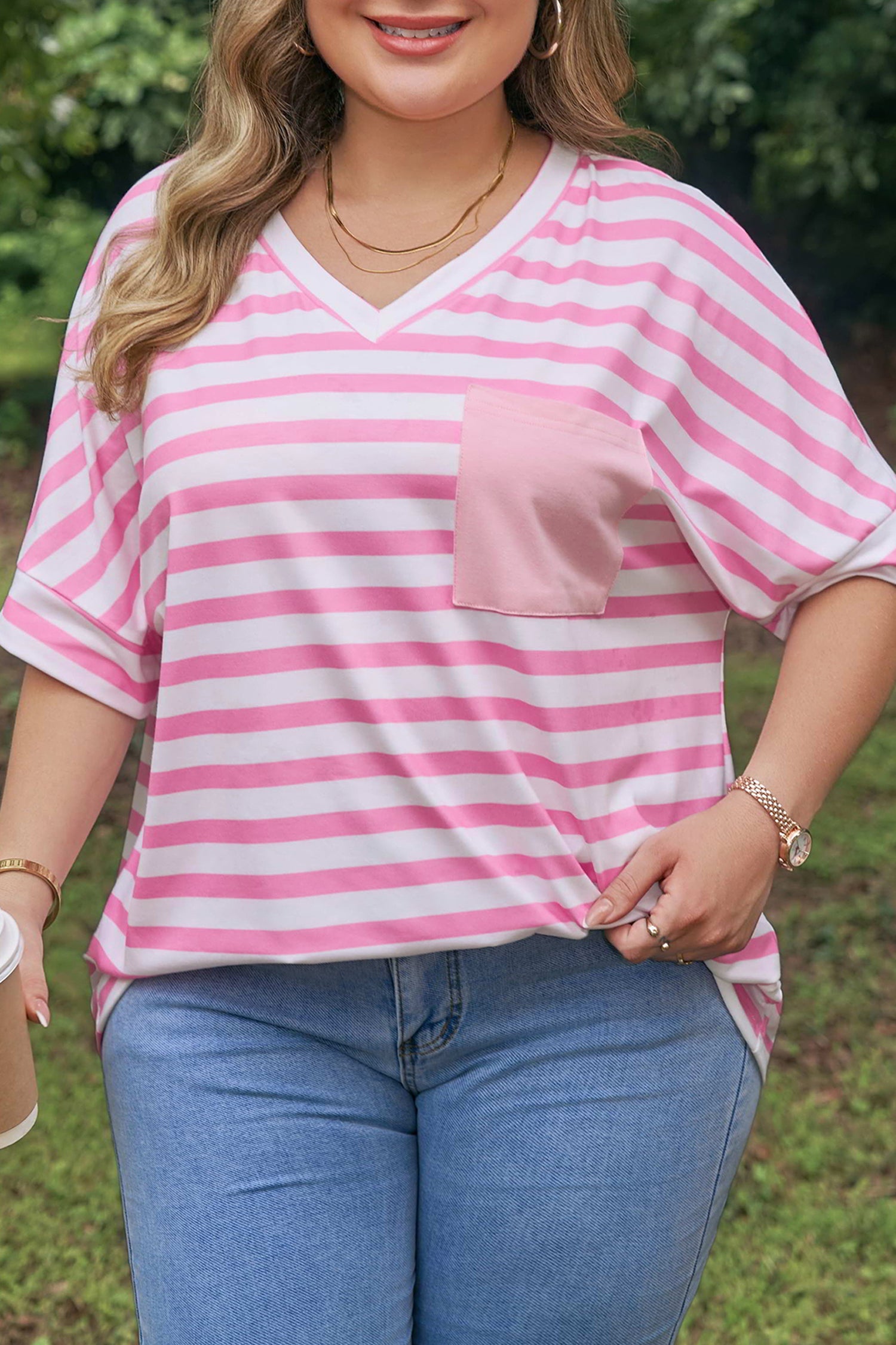 Plus Size Stripe Colourblock Patched Pocket V-Neck Tee