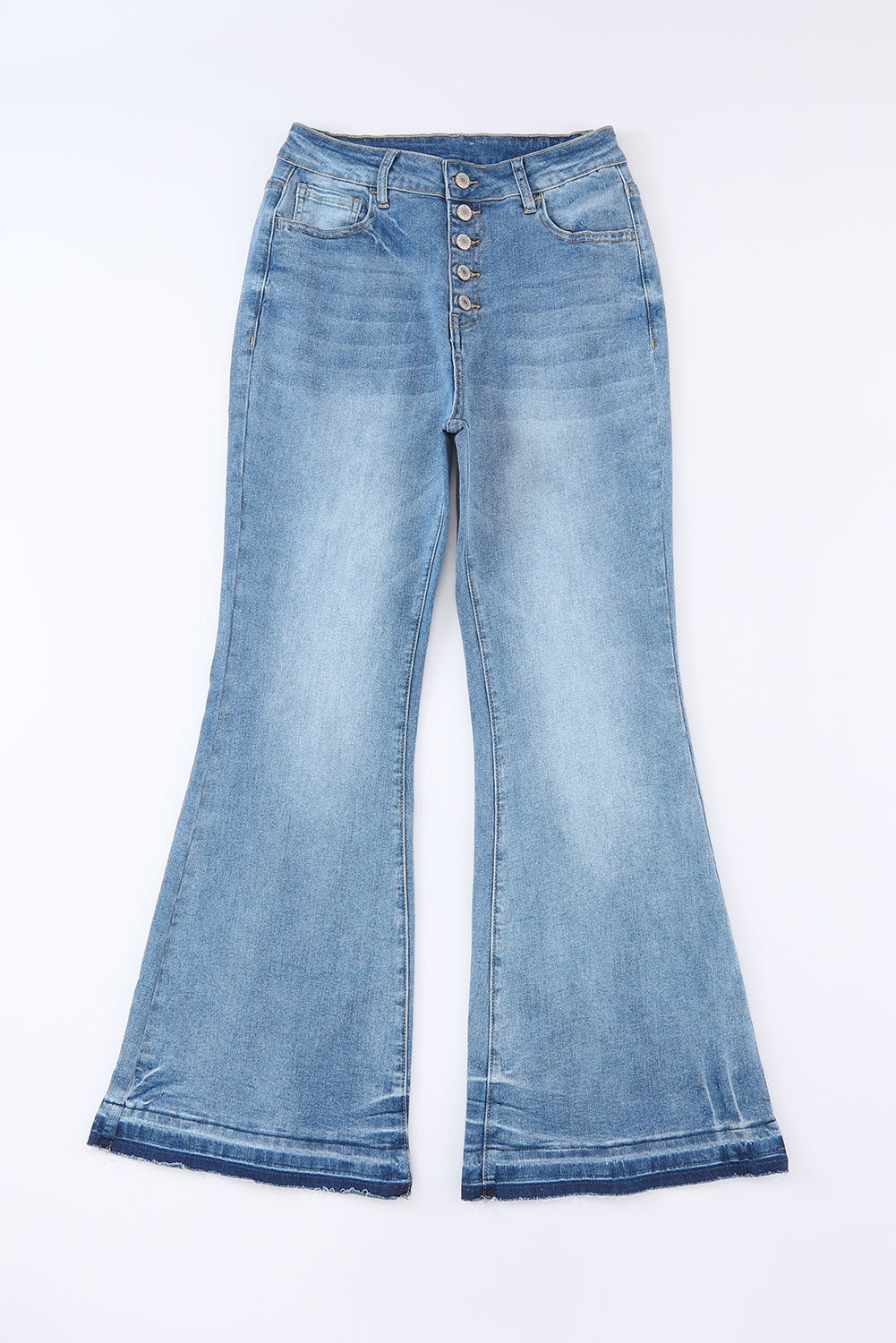 Sky Blue High Waist Buttoned Distressed Flared Jeans Beagle Boutique Fashion Outlet