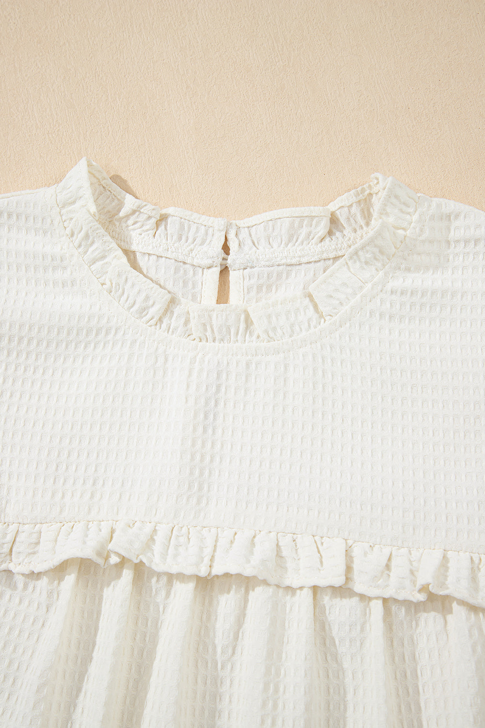 White Solid Colour Ruffle Trim Waffle Knit Blouse eAura