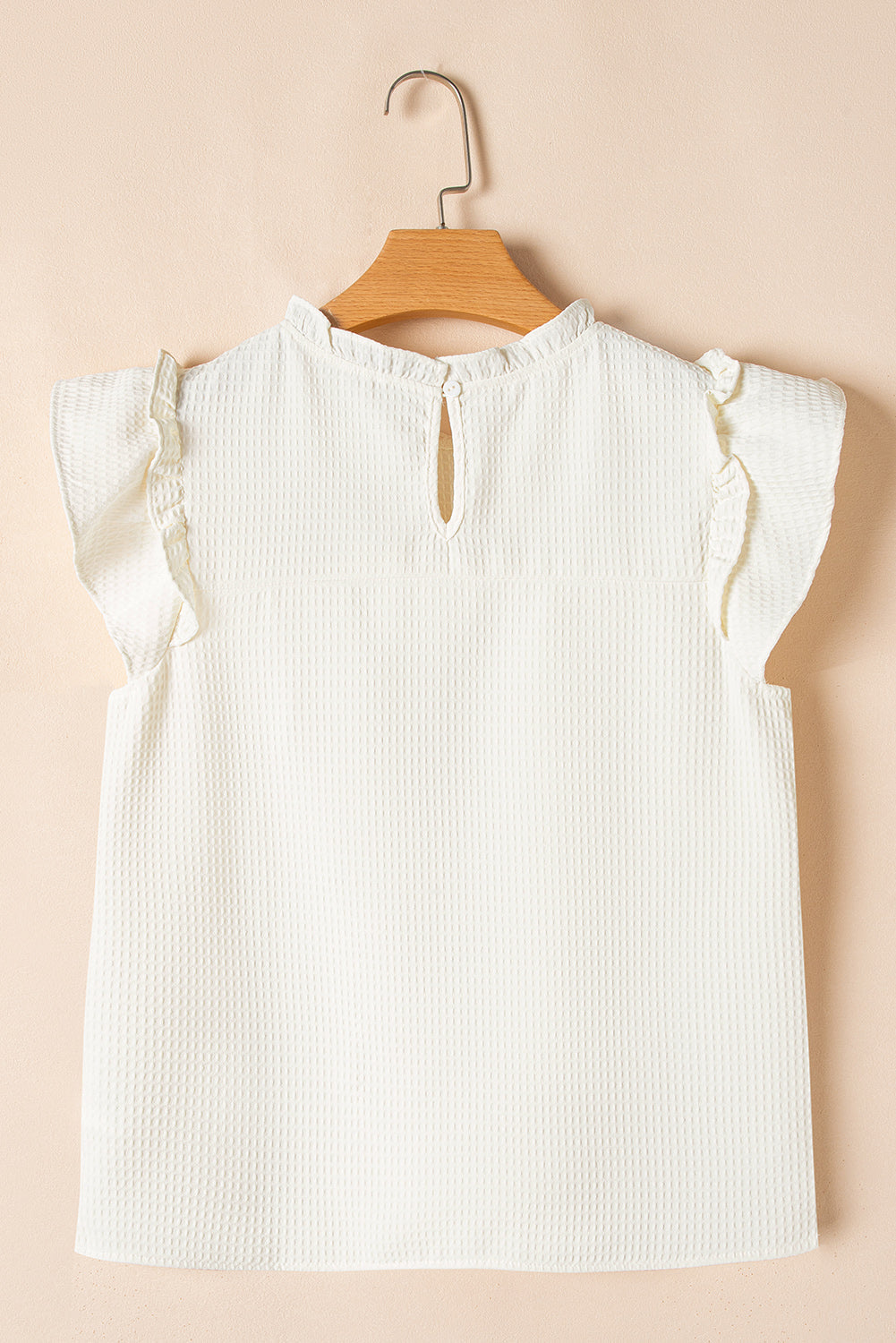 White Solid Colour Ruffle Trim Waffle Knit Blouse eAura