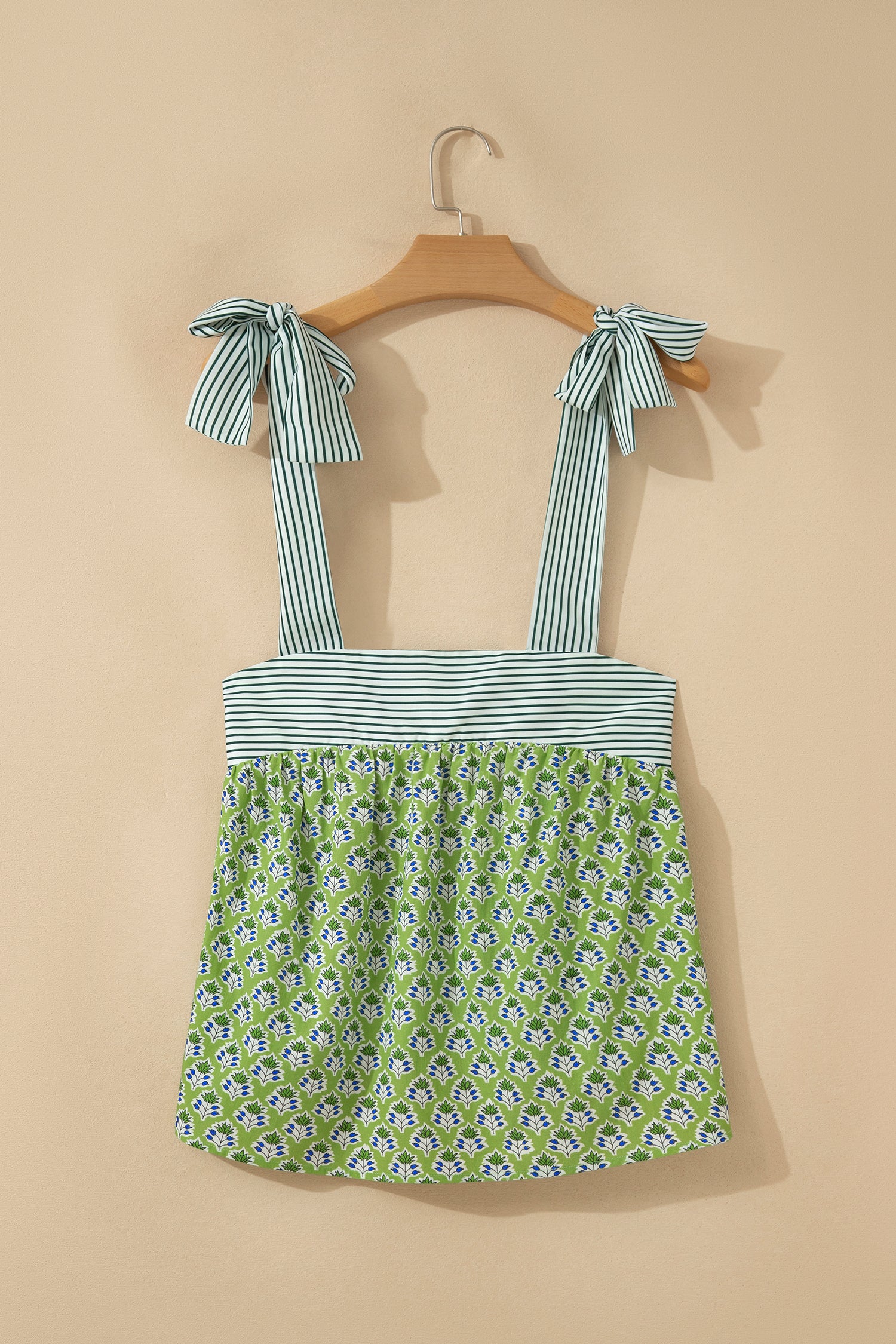 Floral Printed Knot Straps Babydoll Tank Top – Green