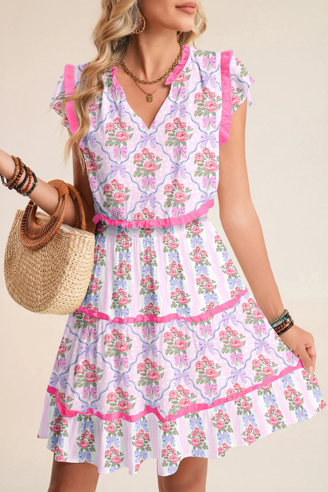 Tiered Ruffle Floral Print Shirred Waist Sleeveless Mini Dress