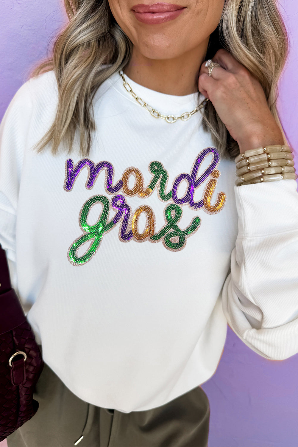 White Sequined mardi gras Graphic Crew Neck Drop Shoulder Sweatshirt eAura