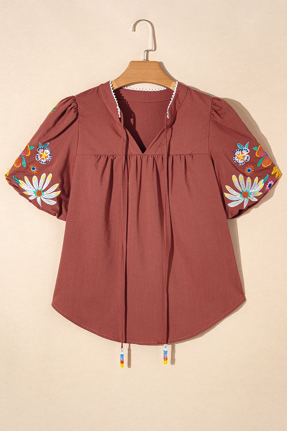 Pink Floral Embroidered Puff Sleeve Split Neck Blouse eAura