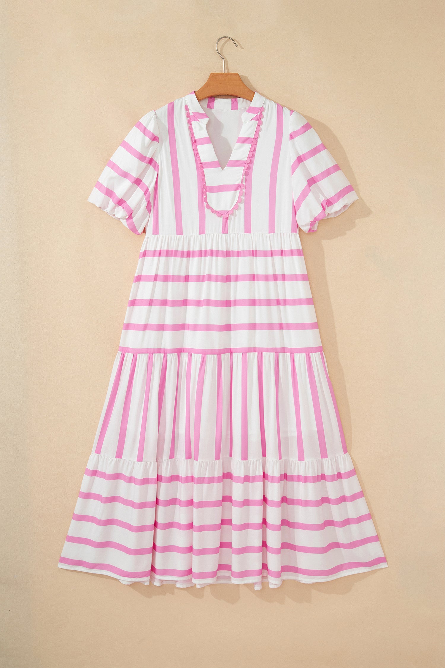 Stripe Ricrac Trim Puff Sleeve Midi Vacation Dress – Pink