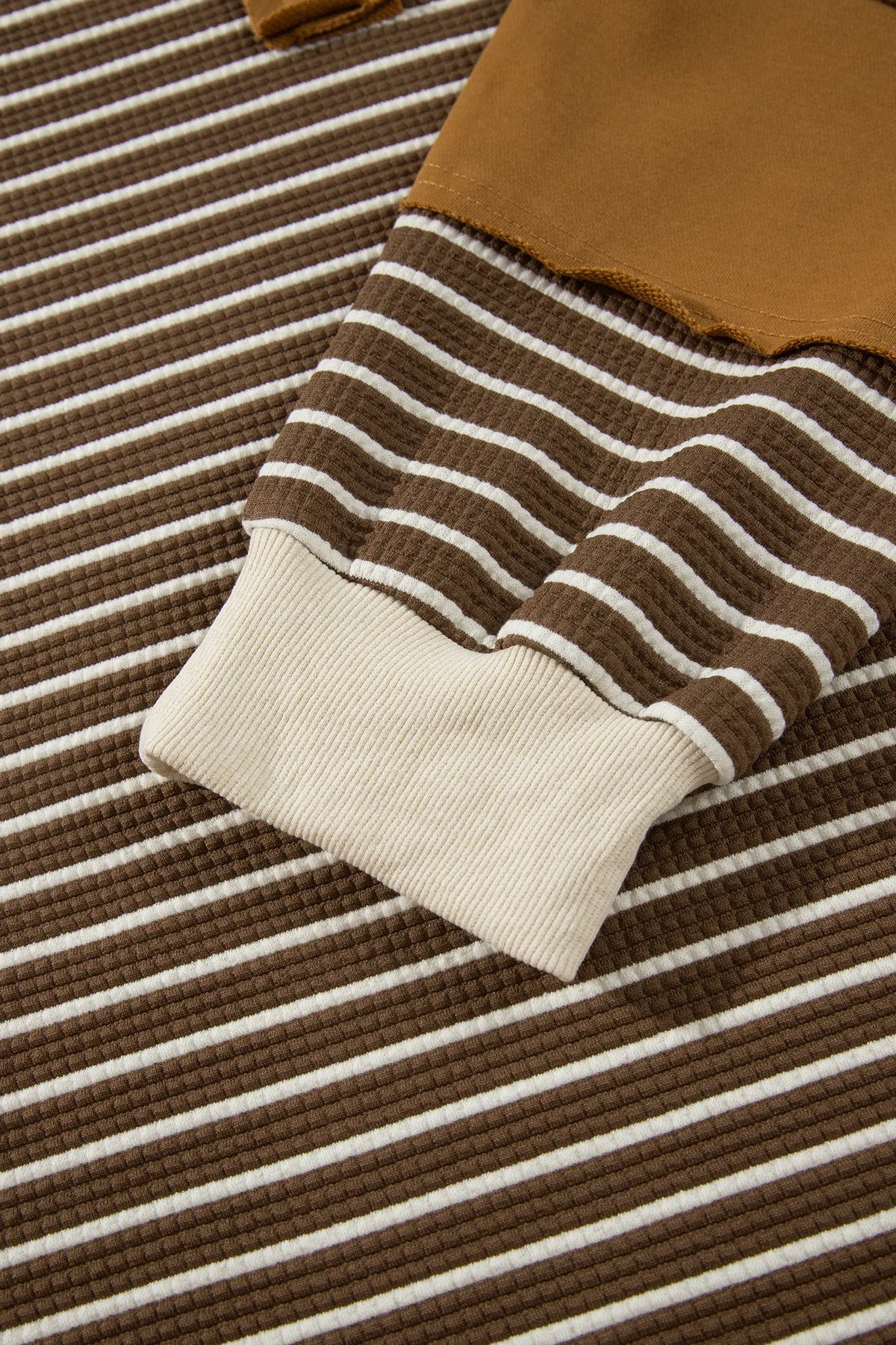 Colourblock Detail Collar V Neck Plus Size Long Sleeve Top – Brown Stripe