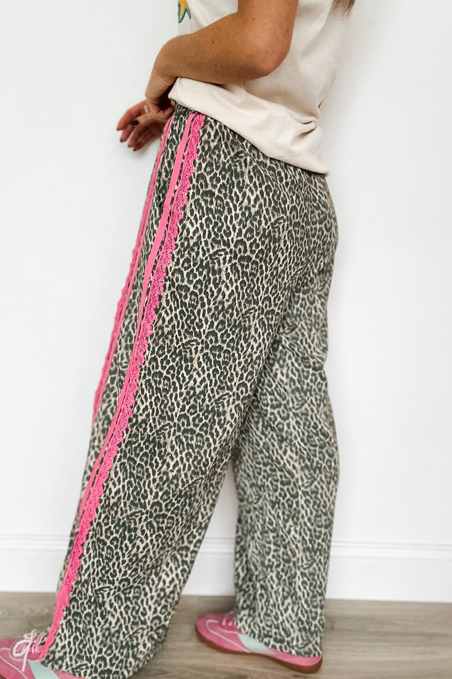 Wild Leopard Print Contrast Lace Striped Detail Drawstring Pants – Brown