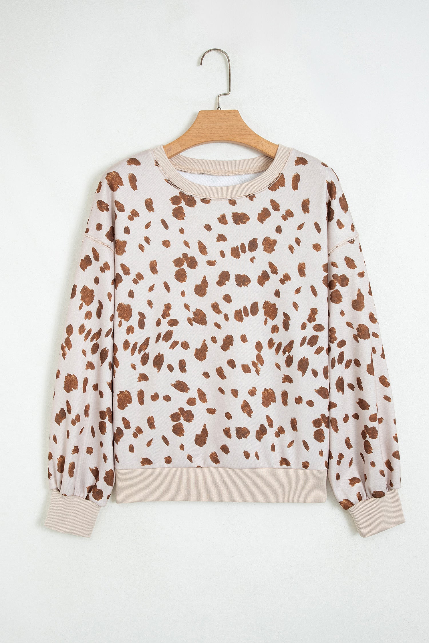 Leopard Print Dropped Shoulder Round Neck Casual Sweatshirt – Brown