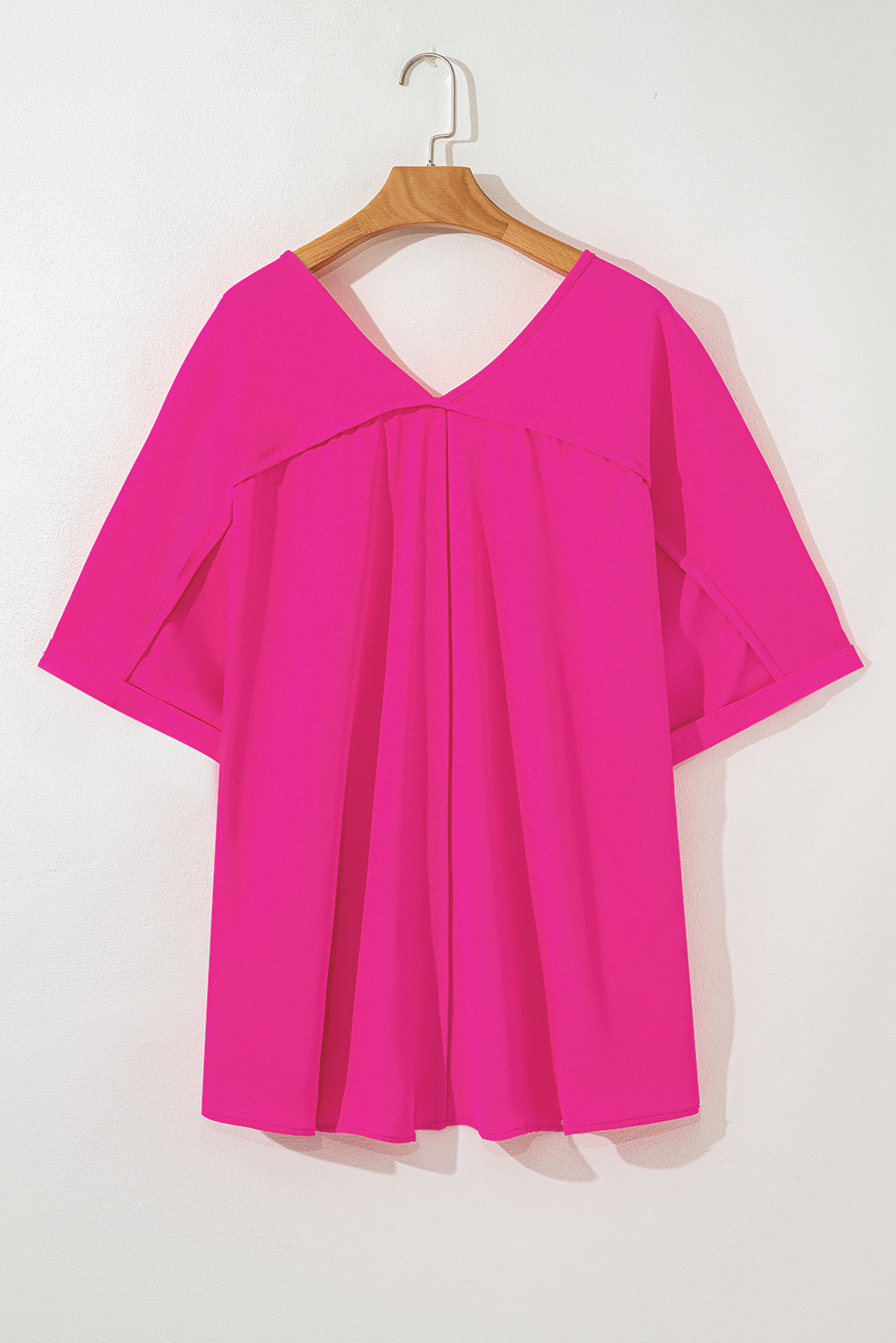 Bright Pink Seamed Back High Low Hem V Neck Cuffed Sleeve Plus Size Tee BB Fashion Outlet