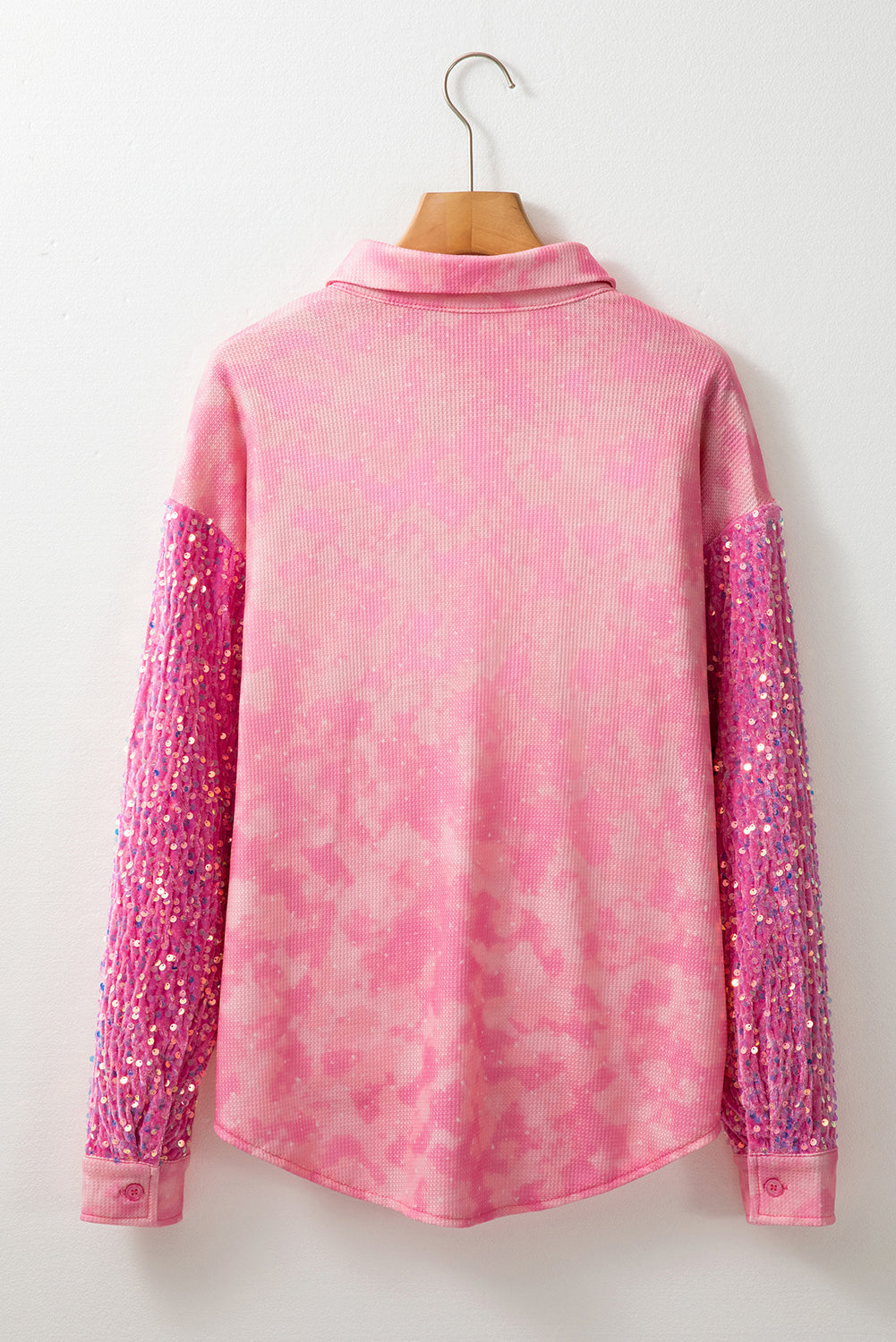 Apricot Pink Mineral Wash Sequin Patchwork Flap Pocket Shacket eAura