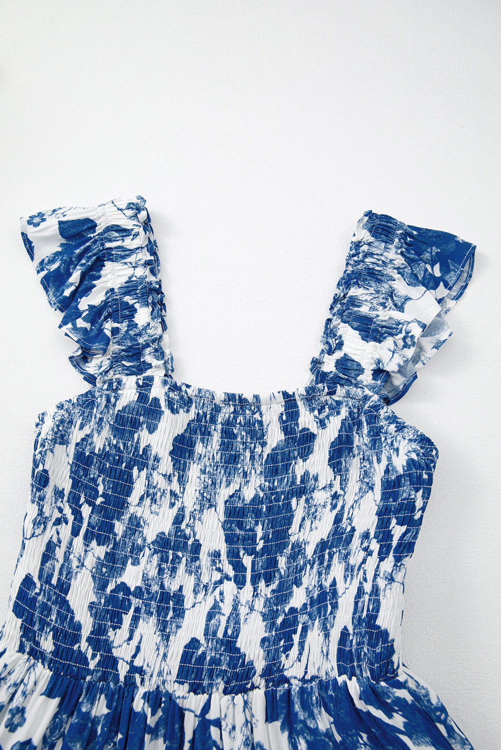 Blue Floral Ruffle Strap Square Neck Smocked Bodice Midi Dress eAura