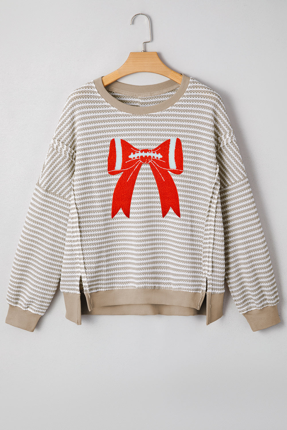 Striped Chenille Bow Patched Drop Shoulder Long Sleeve Top eAura