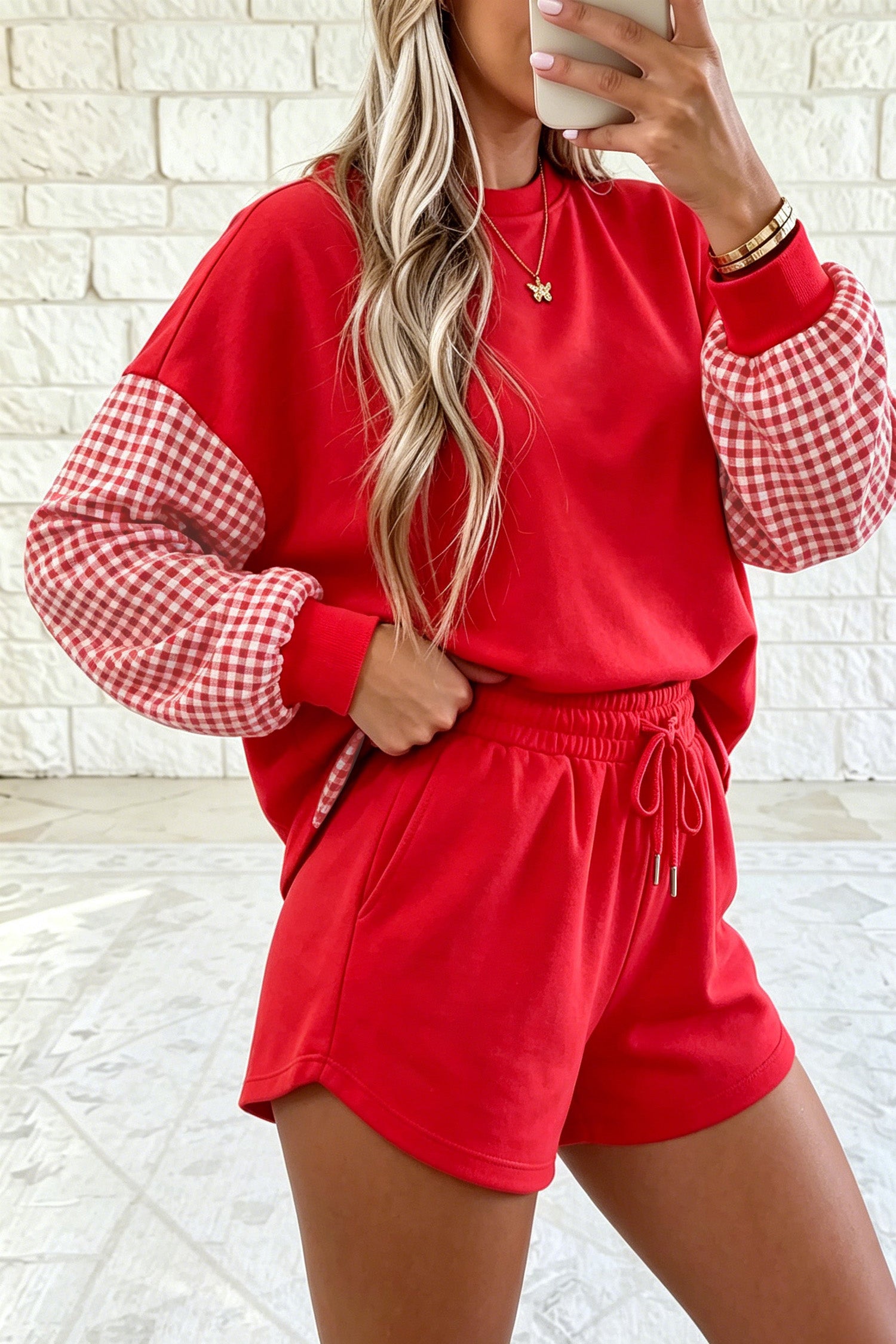 Plaid Patchwork Long Sleeve Top Solid Drawstring Shorts Set – Red