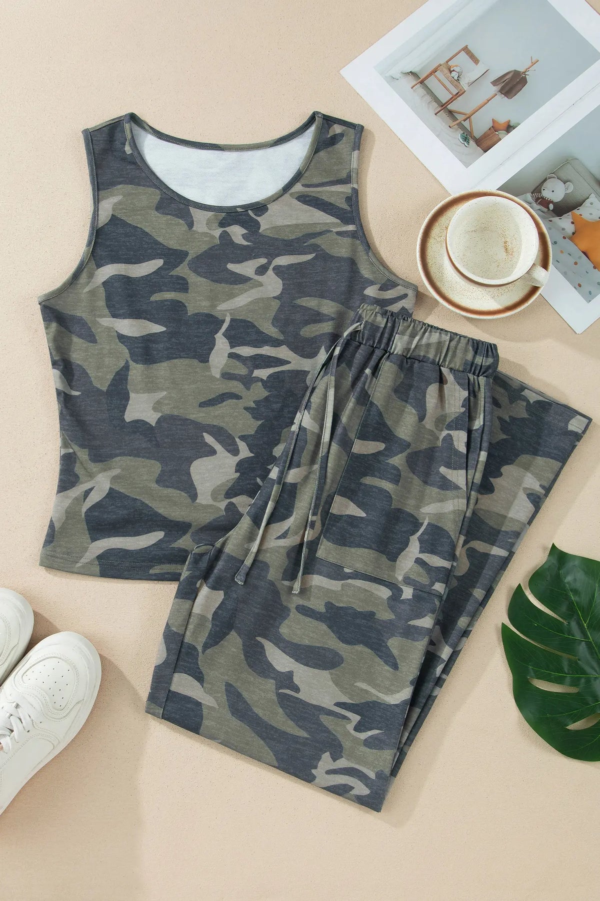 Camouflage Print Slim Tank Drawstring Pant Set – Green