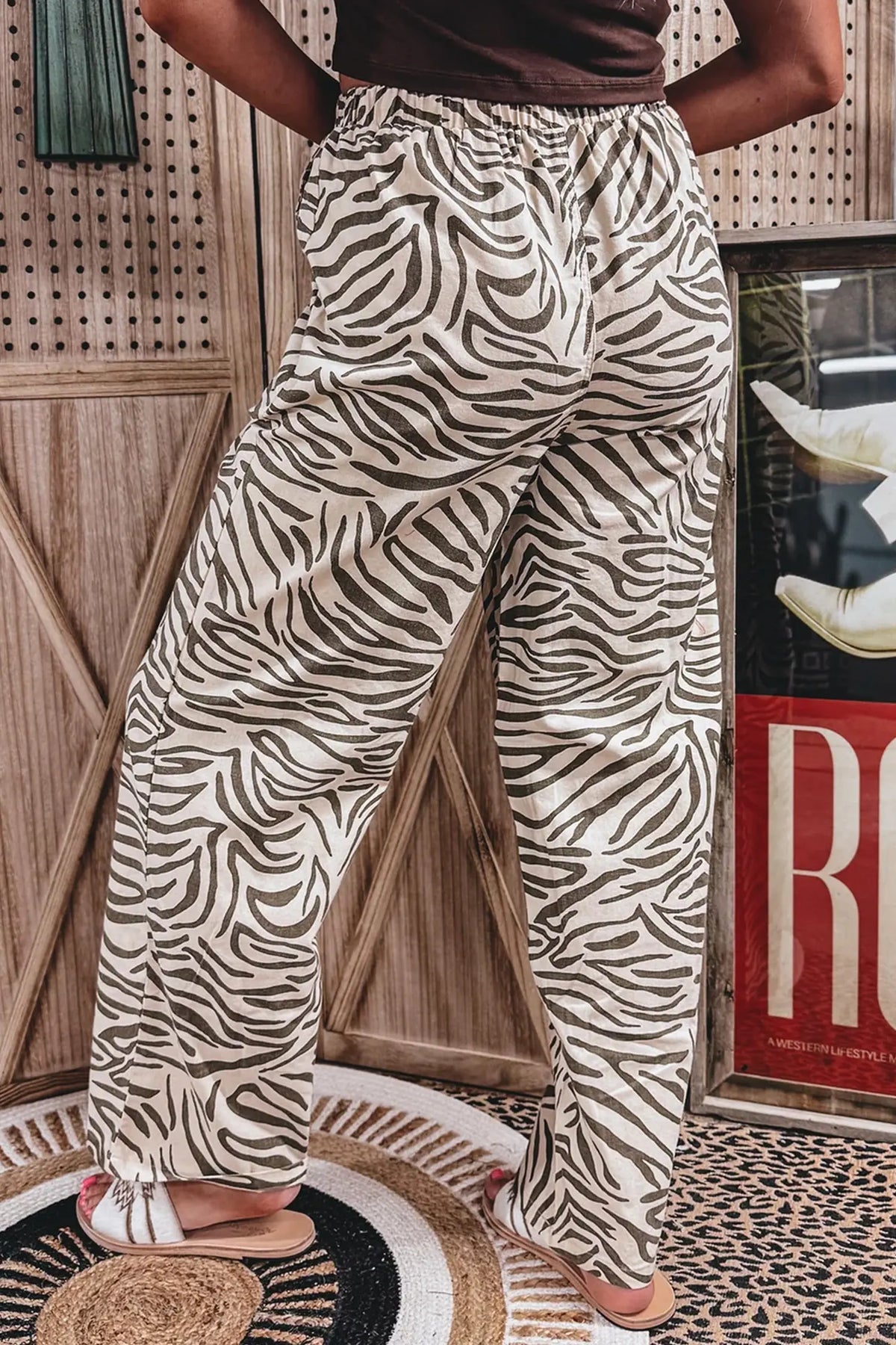 Western Print Zebra Pattern Elastic Waist Pocket Full-Length Pants – Multicolour