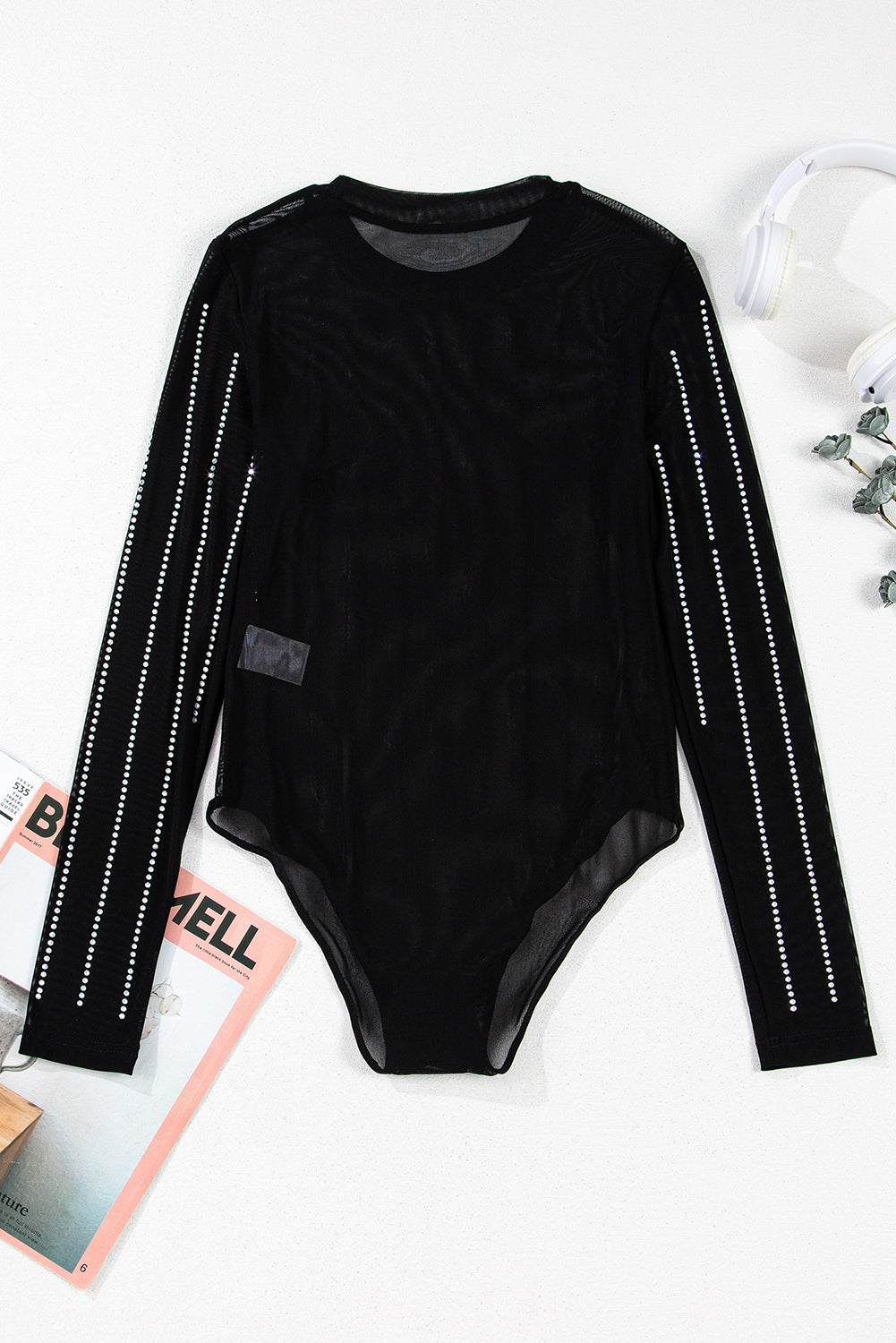 Black Rhinestone Decor Striped Mesh Long Sleeve Bodysuit eAura