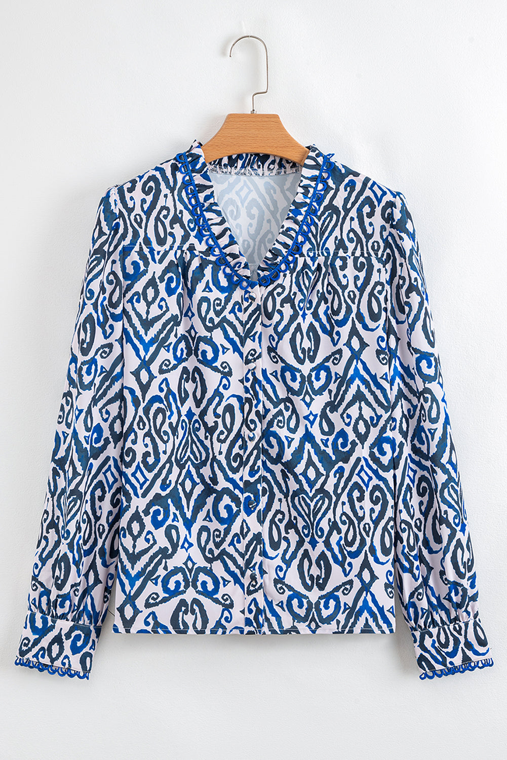 Blue Bohemian Print Embroidered V-Neck Long Sleeve Blouse - eAura