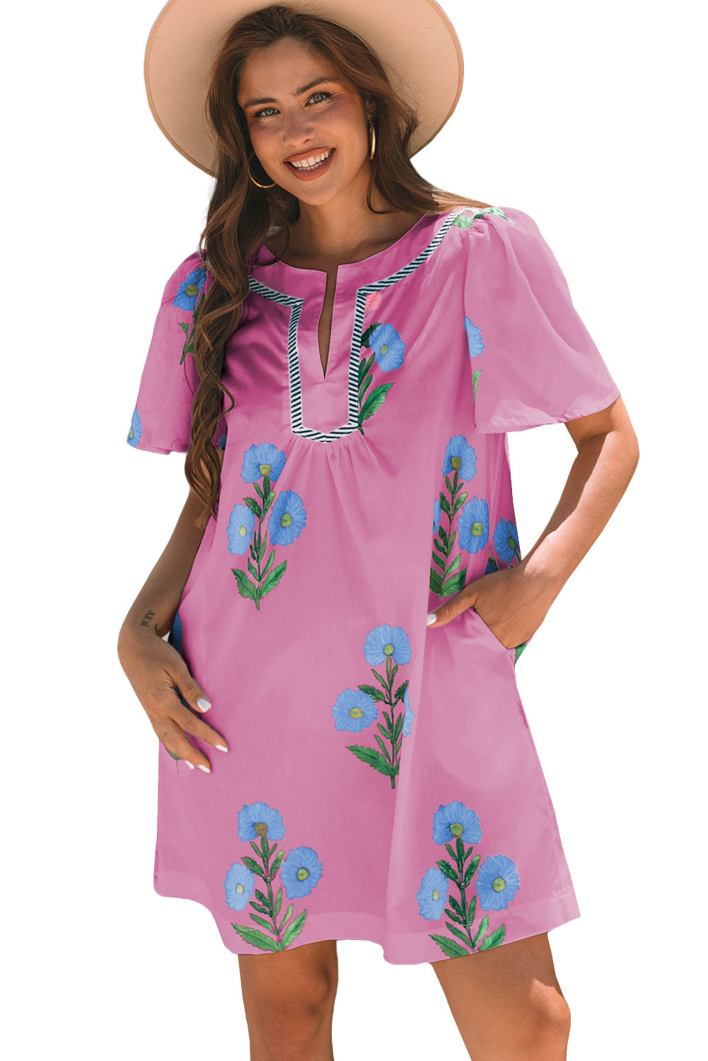 Floral Short Sleeve Split Neck Loose Mini Dress eAura