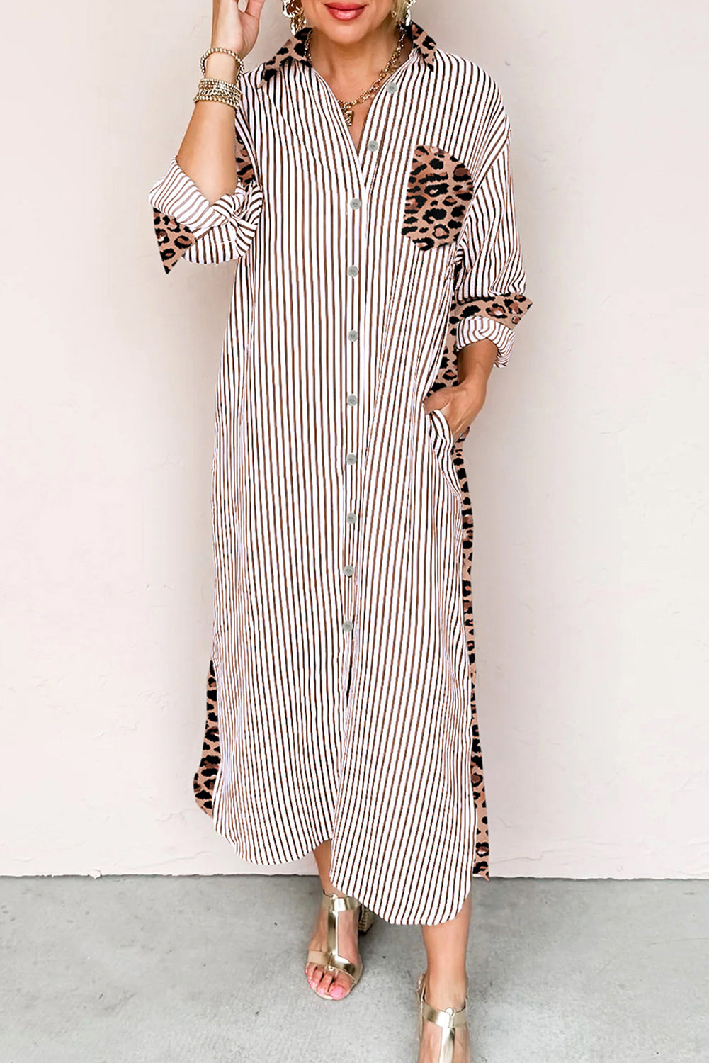Stripe Contrast Leopard Patchwork Long Shirt Dress with Slits - eAura