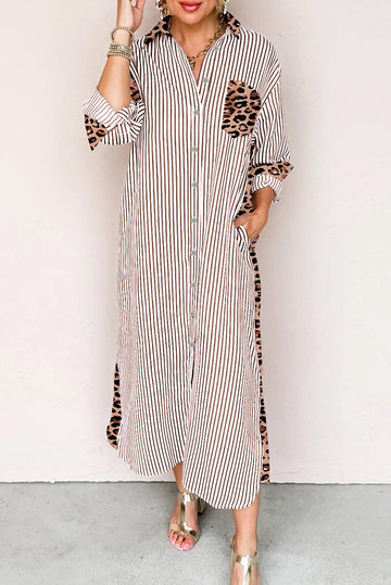 Stripe Contrast Leopard Patchwork Long Shirt Dress with Slits - eAura