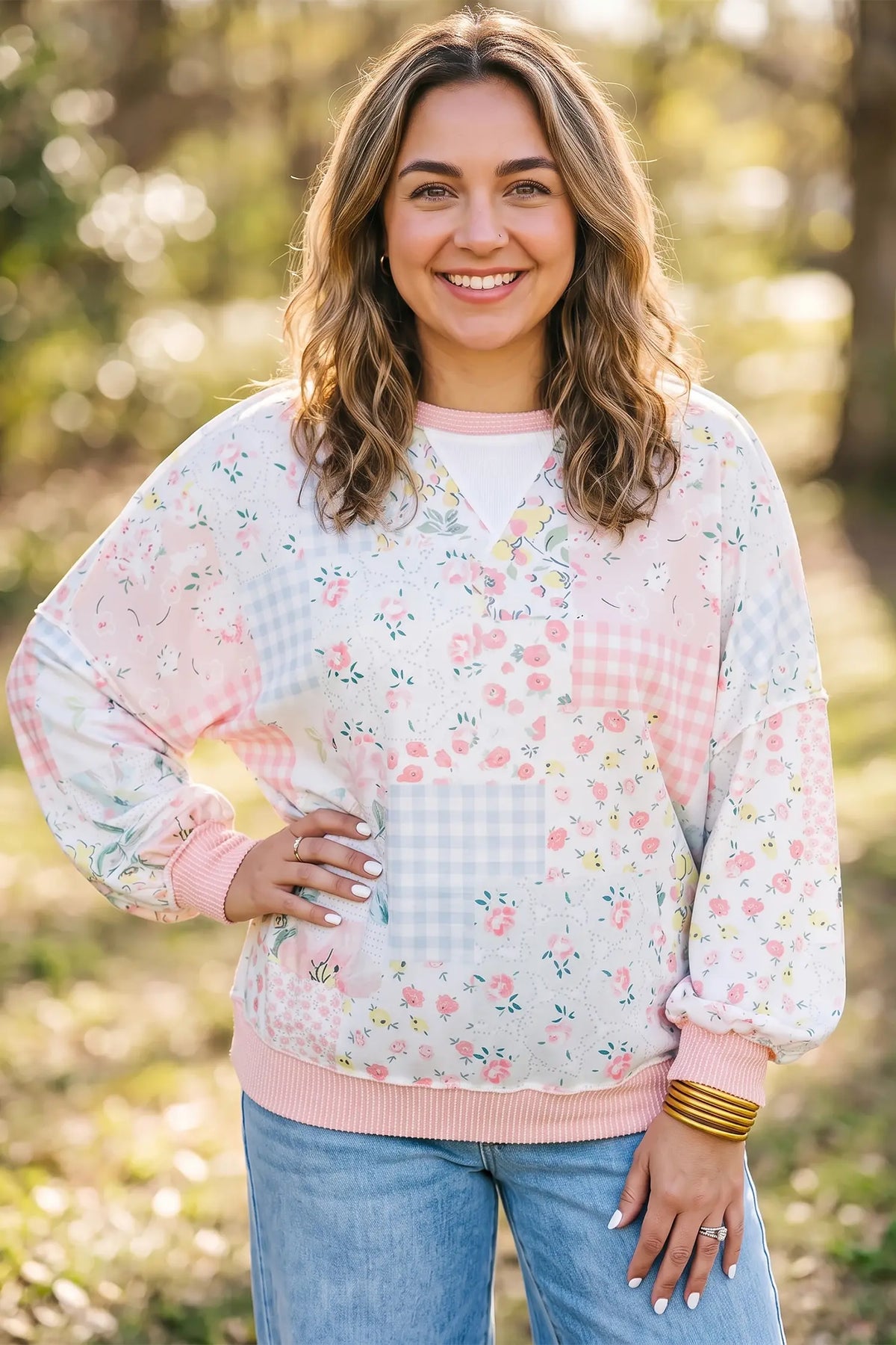 Patchwork Floral Print Long Sleeve Tunic Plus Size Blouse – Pink