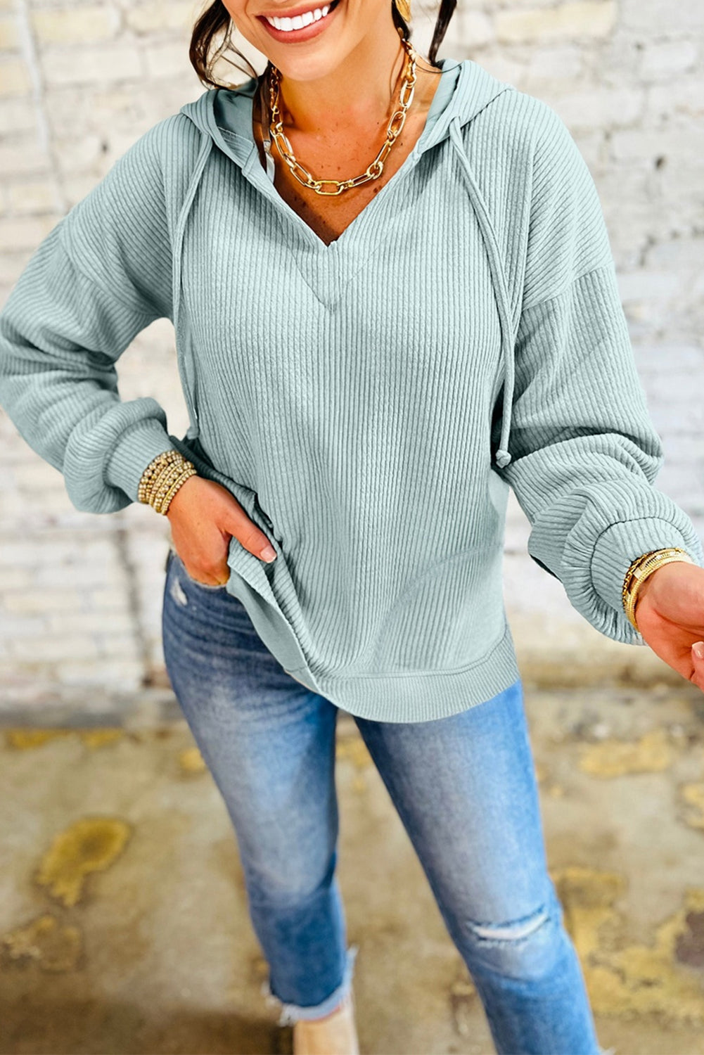 Ribbed Drop Shoulder Textured Hoodie - Aqua / S - Tops/Sweatshirts & Hoodies