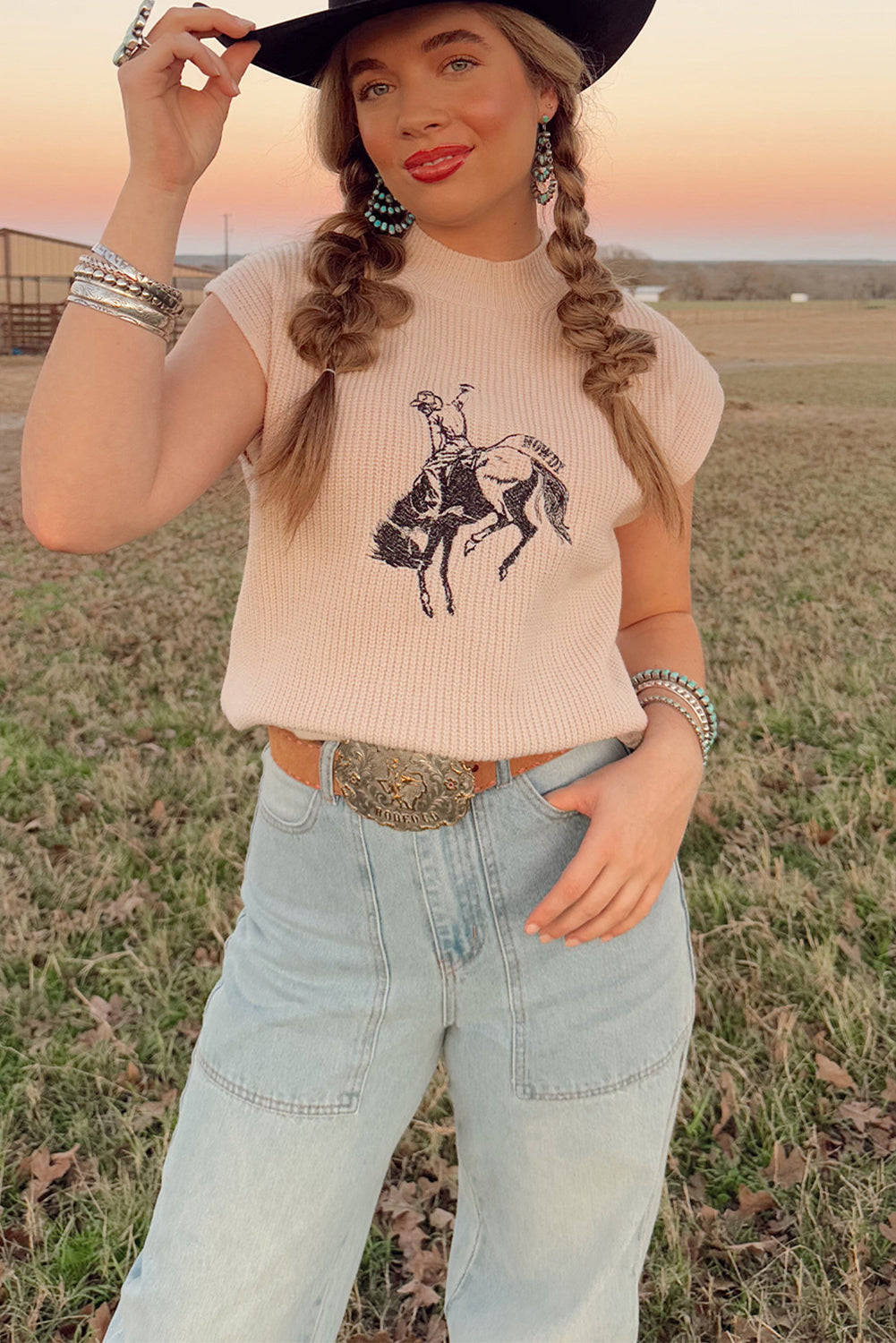 Cowboy Graphic High Neck Short Sleeve Knit Top - Sweaters & Cardigans/Short