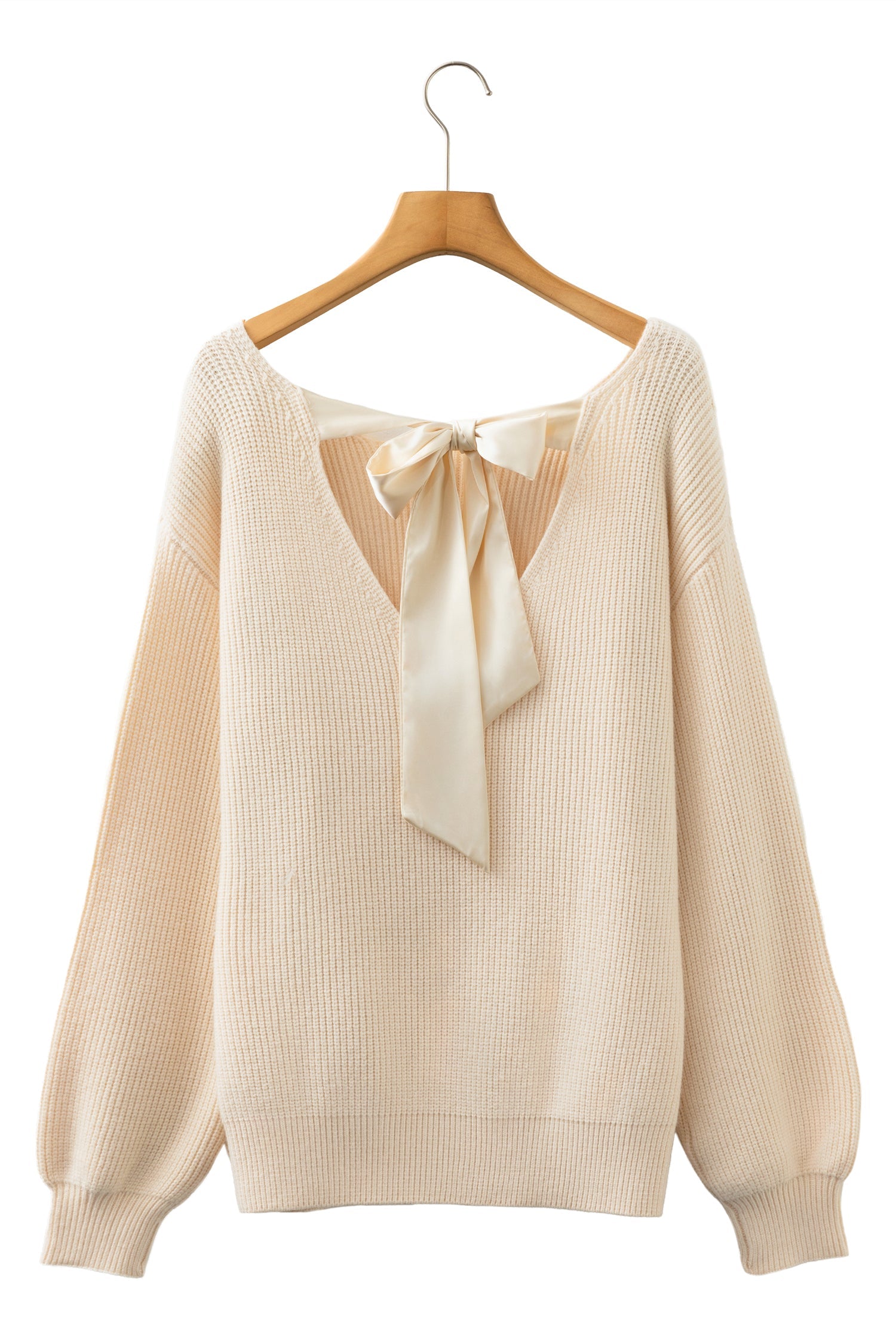 Rib Knit Ribbon Knot Backless Drop Shoulder Sweater - eAura